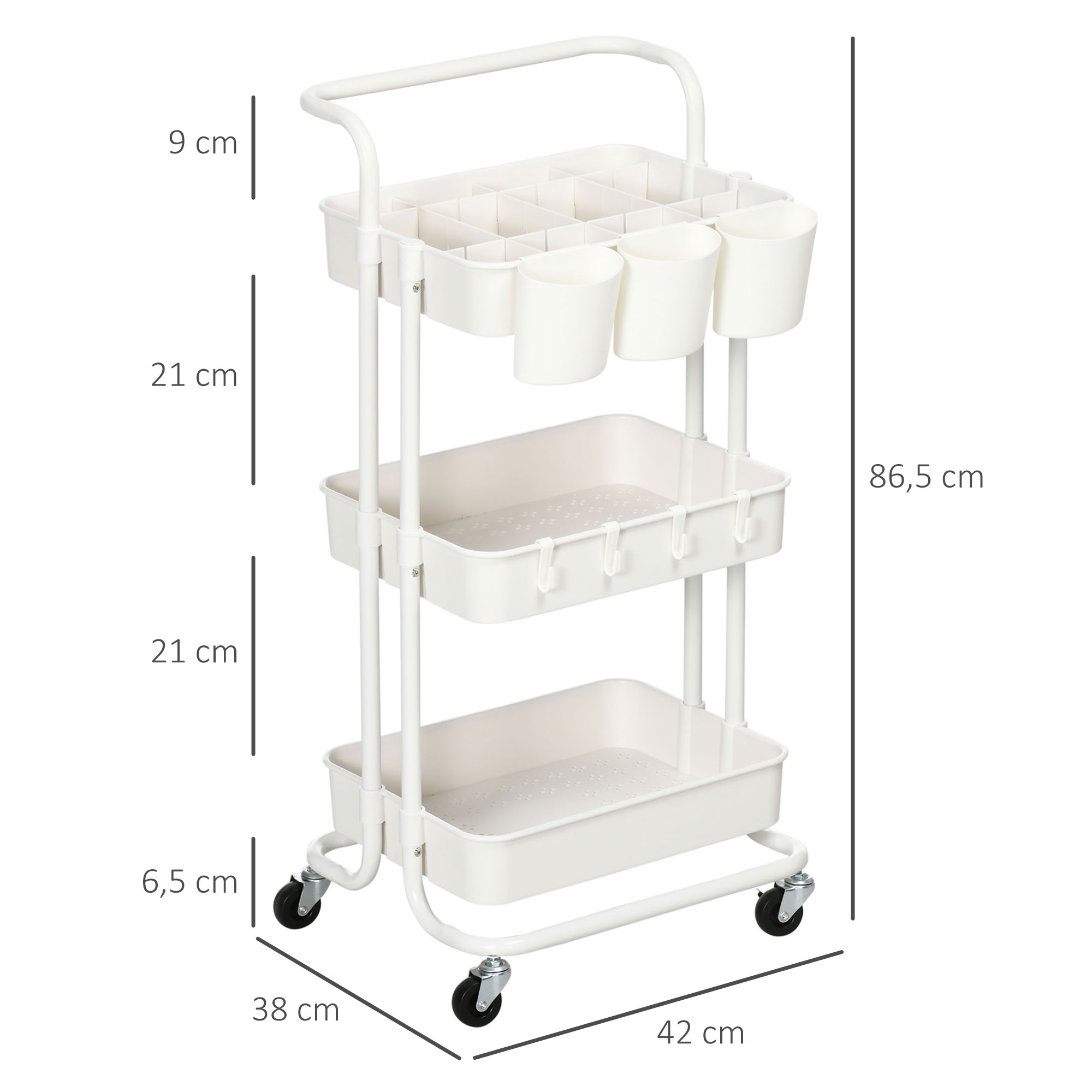 Rolling Storage Trolley With Hooks And Hanging Bins White_voghion.com