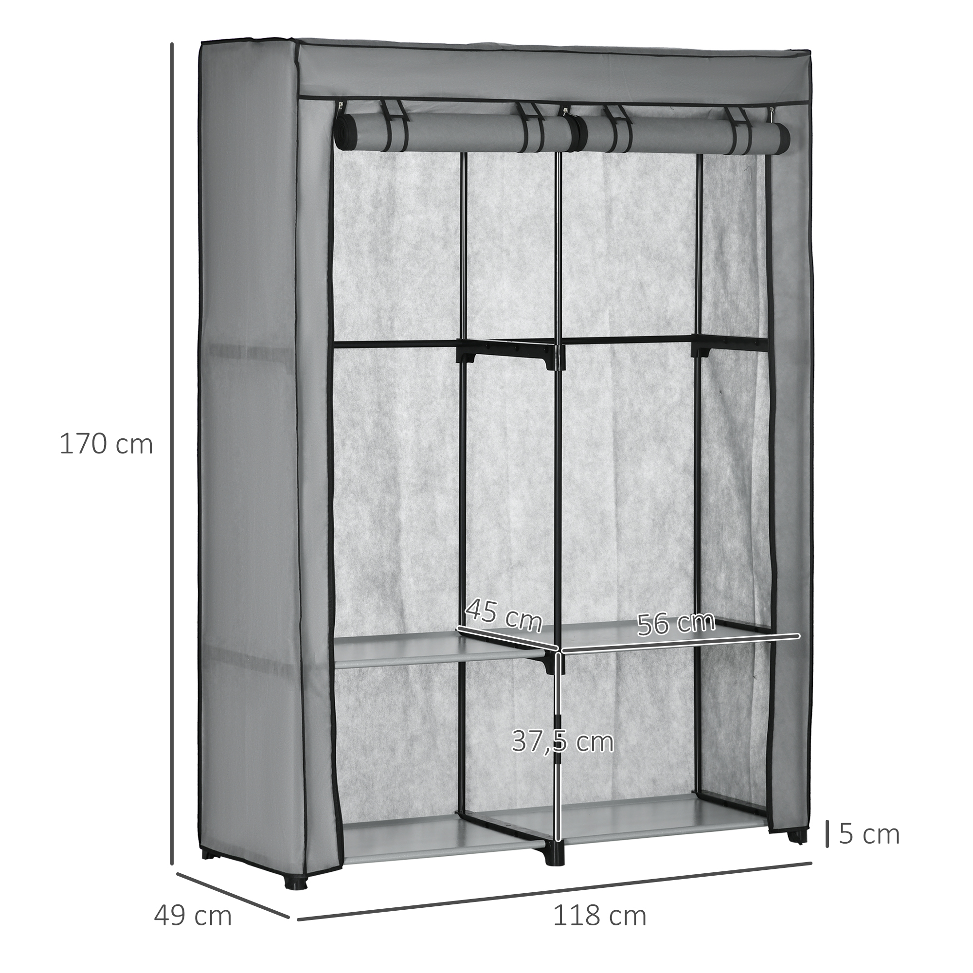 Wardrobe – Fabric 4 Shelves + 2 Rods, Gray, Compact Storage Solution_voghion.com