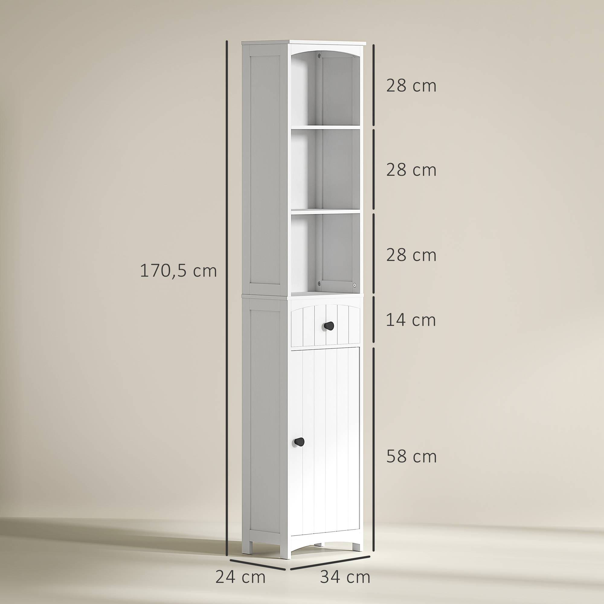Badezimmerschrank mit 3 Einlegeböden, 1 Schublade, robust, MDF, weiß_voghion.com