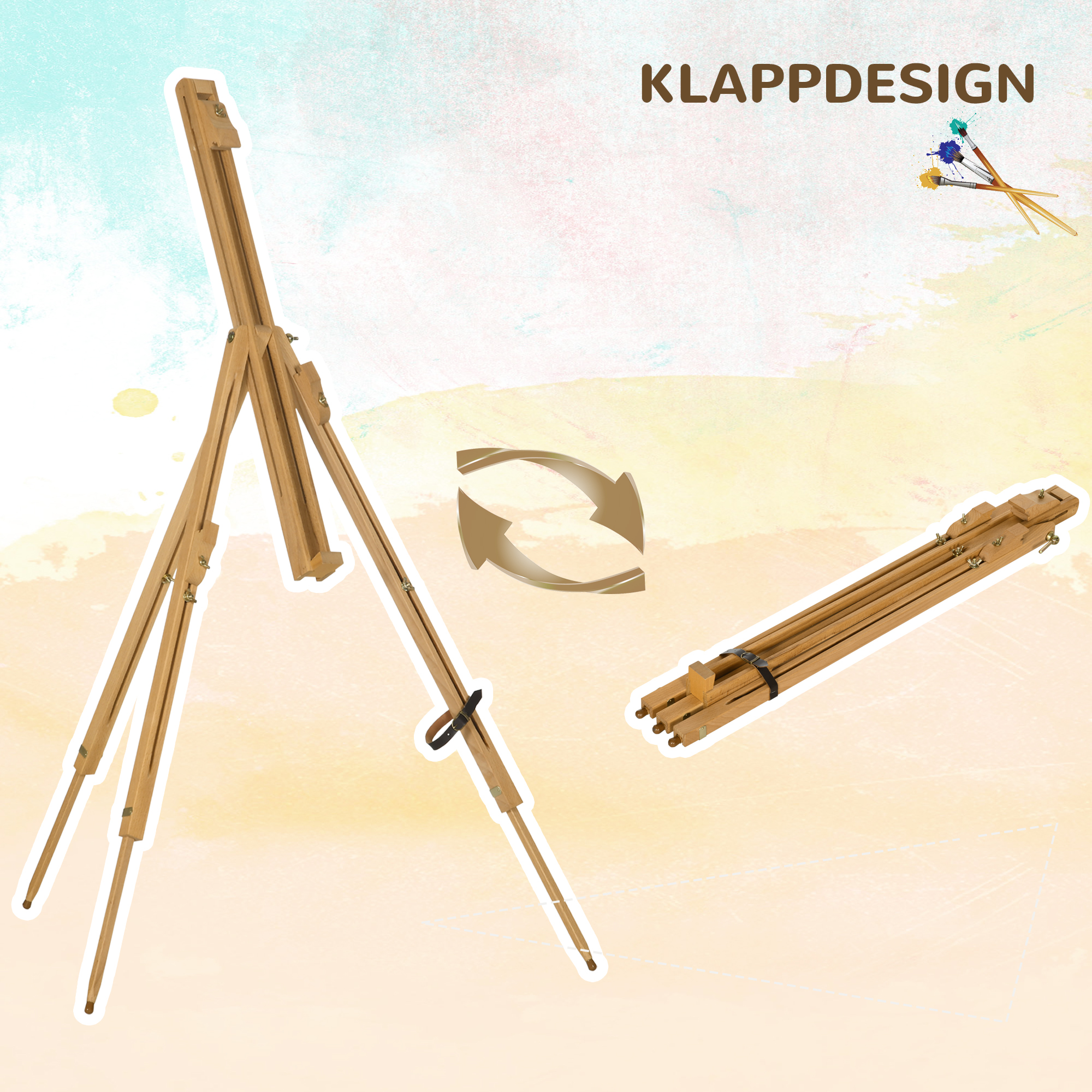 Staffelei, höhenverstellbar, zusammenklappbar, aus naturbelassenem Buchenholz, für Leinwände bis 107 cm Höhe_voghion.com