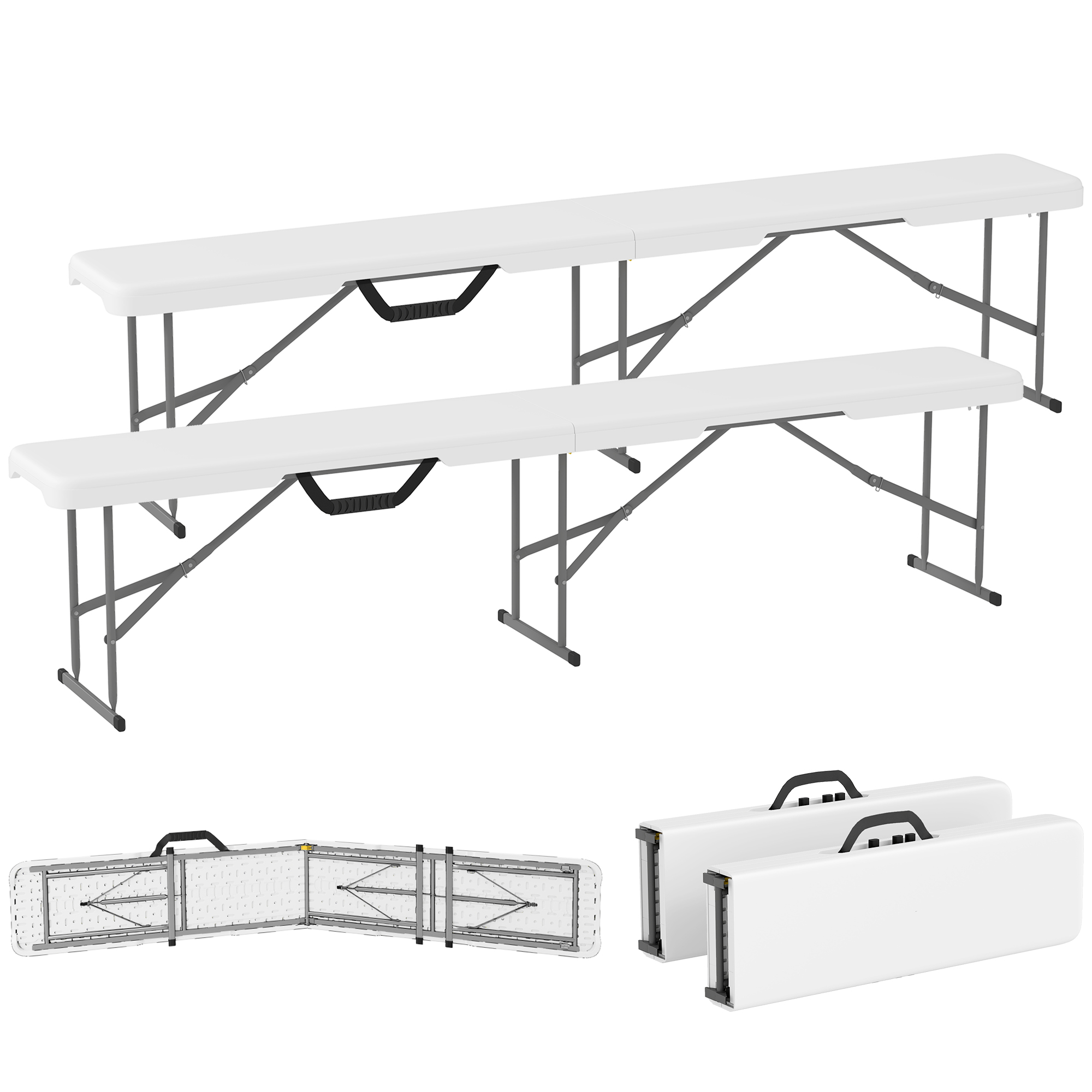 2 Pack 6 ft Portable Foldable Bench Seats, Plastic Folding Benches with Carrying Handle for Camping, White