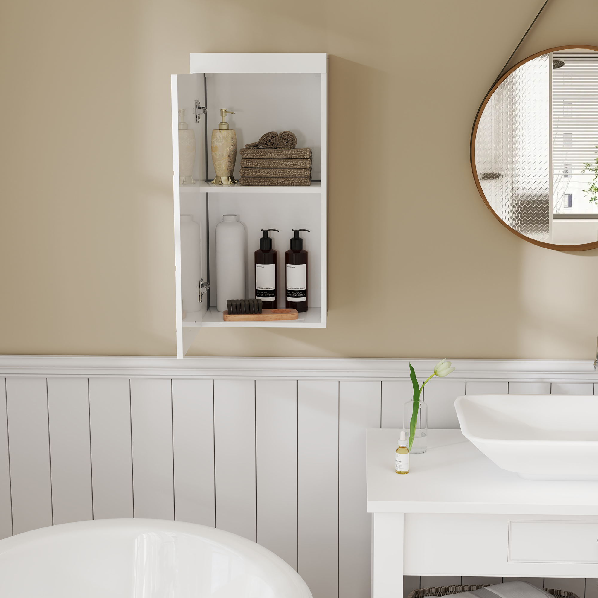 Zweistöckiger Badezimmerschrank, Waschtischunterschrank, Wandmontage, Spanplatte, MDF, Weiß_voghion.com