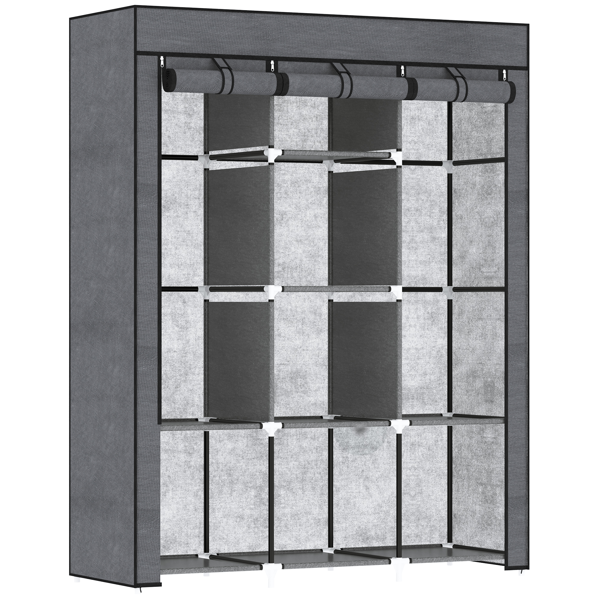 Wardrobe – Fabric 8 Shelves + 2 Rods, Dark Gray, Compact Storage Solution_voghion.com