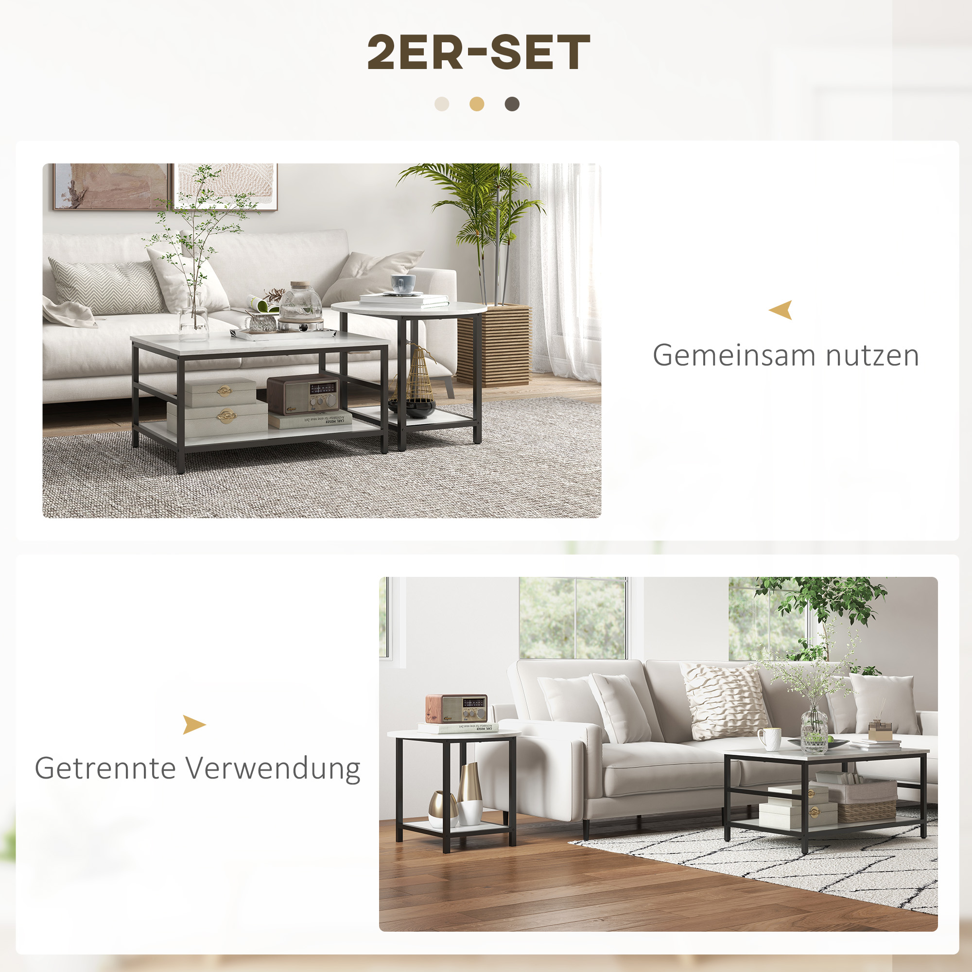 Couchtisch-Set, 2 Beistelltische, Marmoroptik, verstellbare Füße, Stahl, Schwarz/Weiß_voghion.com