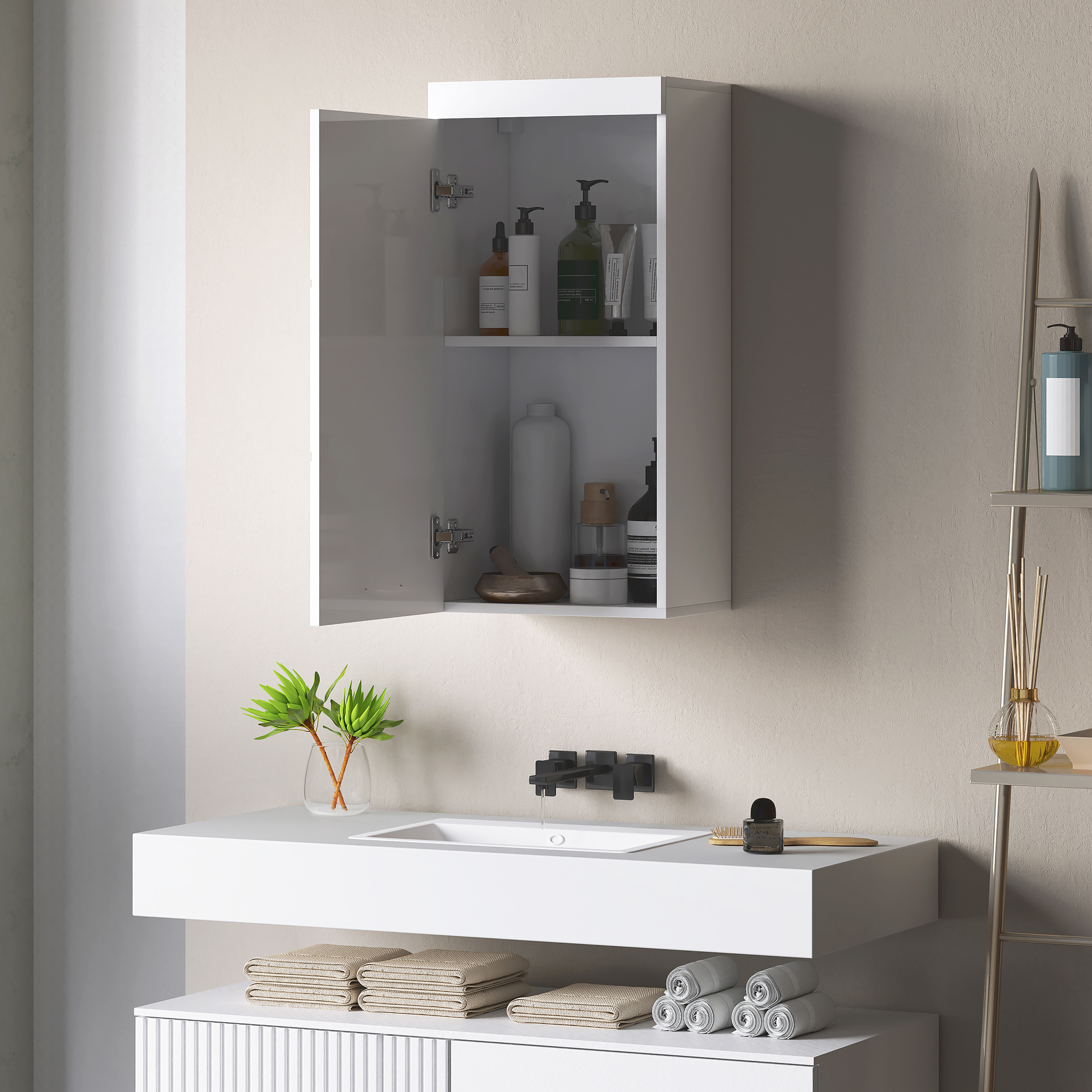 Zweistöckiger Badezimmerschrank, Waschtischunterschrank, Wandmontage, Spanplatte, MDF, Weiß_voghion.com