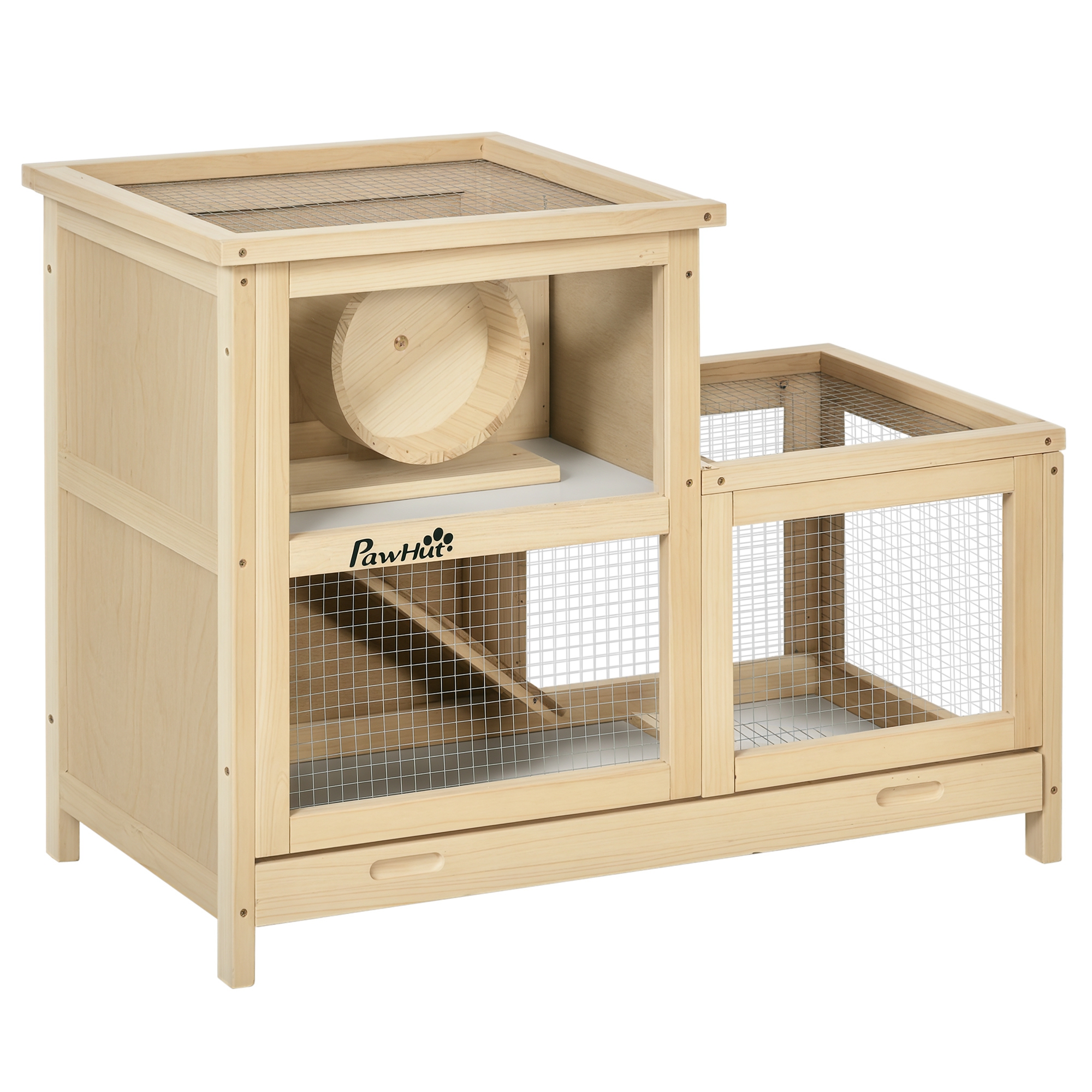 2-Tier Wooden Hamster Cage, Small Animals Hutch, w/ Seesaw, Tray