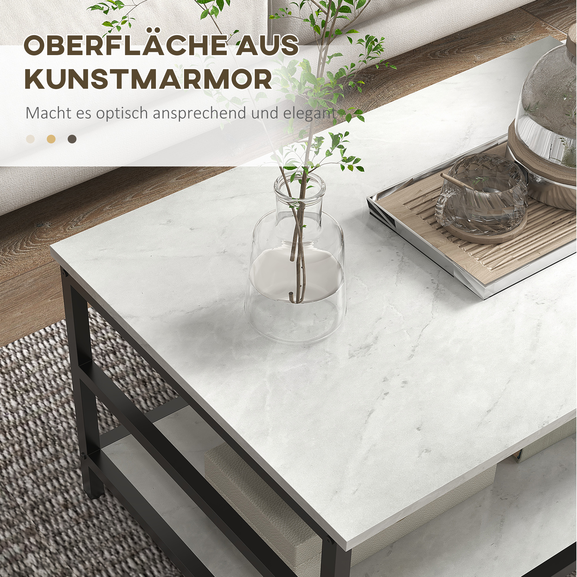 Couchtisch-Set, 2 Beistelltische, Marmoroptik, verstellbare Füße, Stahl, Schwarz/Weiß_voghion.com