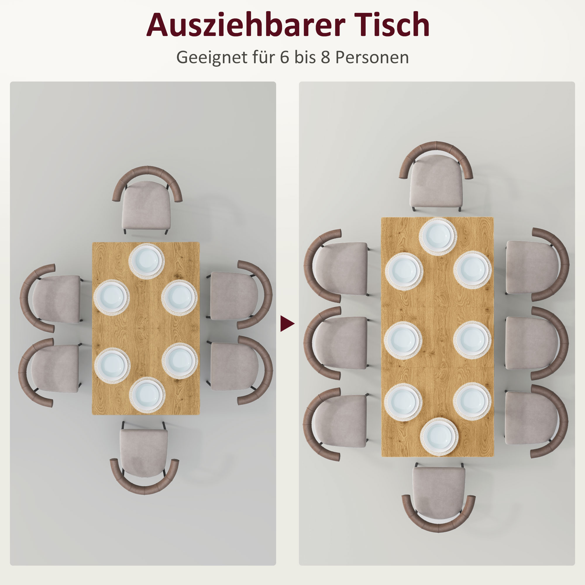 Ausziehbarer Esstisch, Ausziehtisch für 6-8 Personen, Küchentisch mit stabilen Stahlbeinen_voghion.com