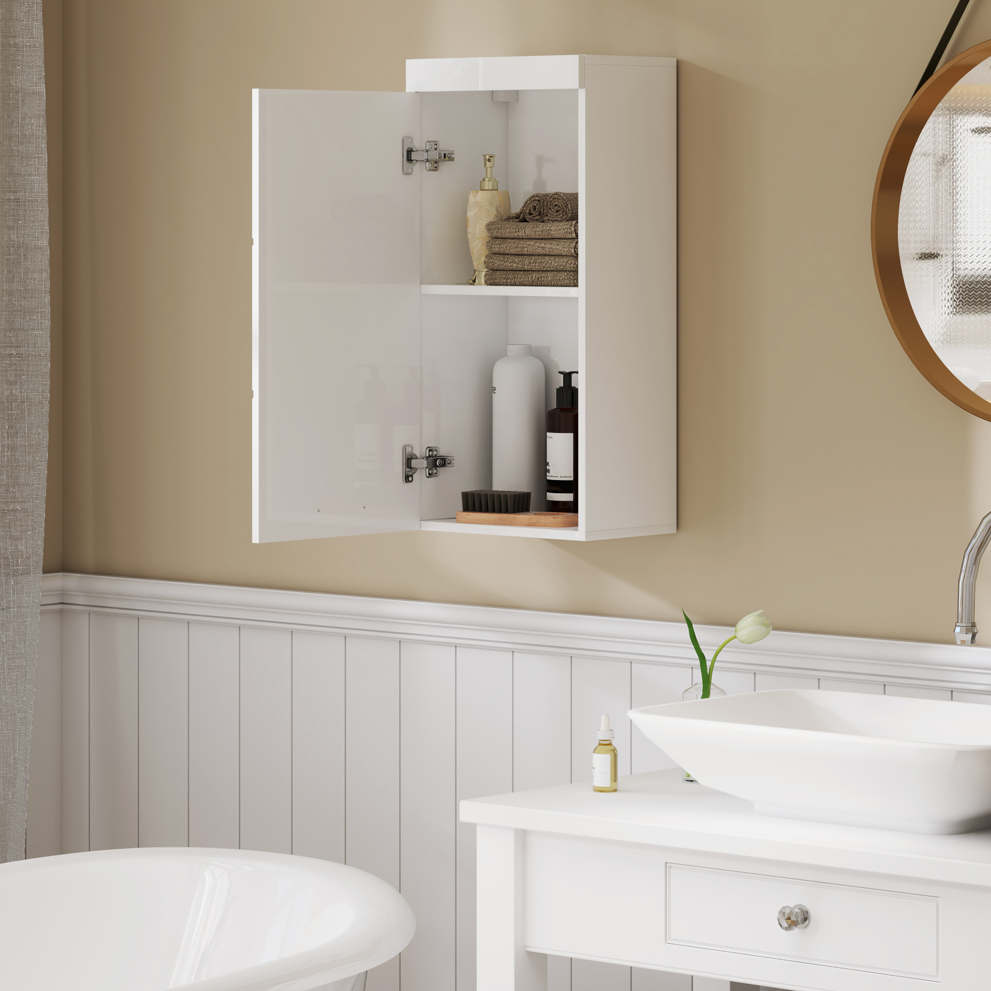 Zweistöckiger Badezimmerschrank, Waschtischunterschrank, Wandmontage, Spanplatte, MDF, Weiß_voghion.com