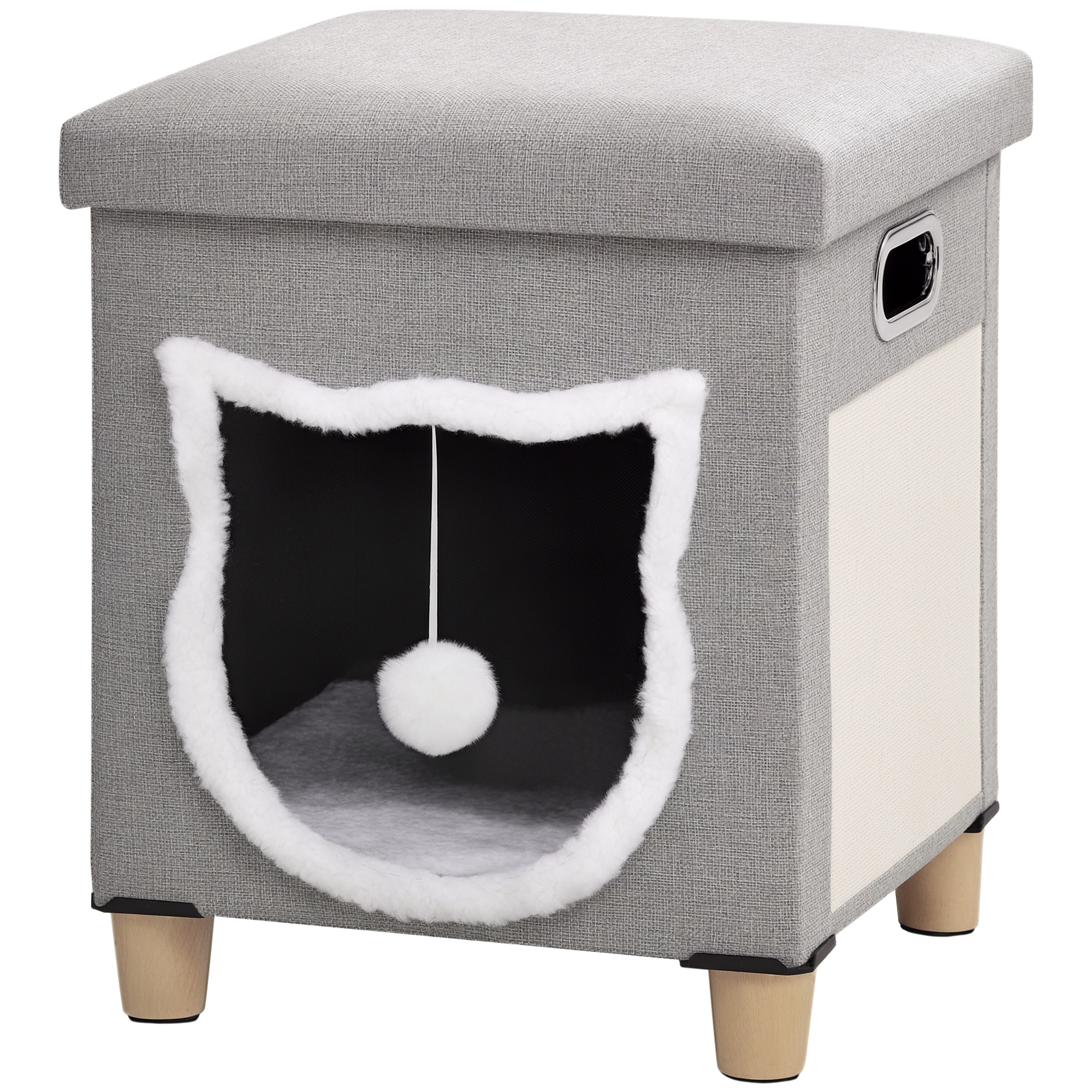 2 En 1 Reposapiés Cama Para Gatos Con Cojín Extraíble Bola Colgante Y Almohadilla Para Rascar 35,5x35,5x42,5 Cm Gris_voghion.com