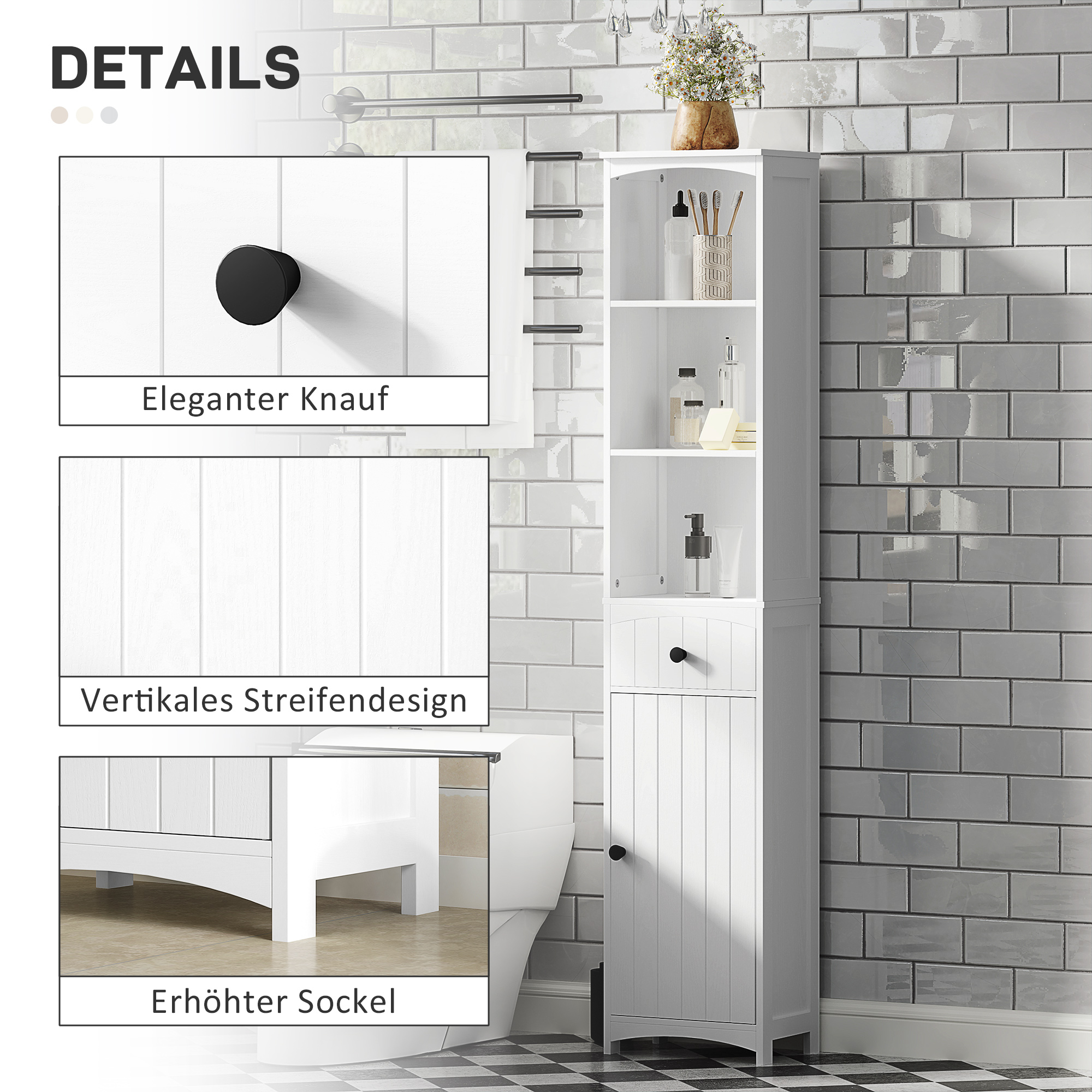 Badezimmerschrank mit 3 Einlegeböden, 1 Schublade, robust, MDF, weiß_voghion.com