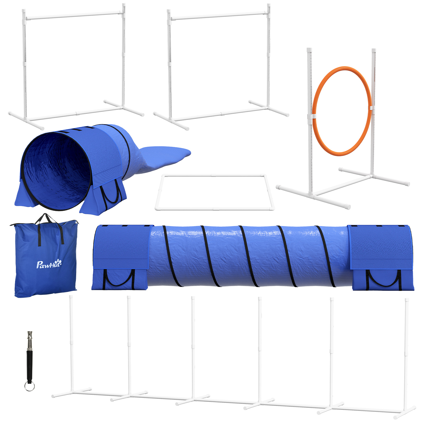 7pc Agility Training Equipment for Dogs w/ Tunnels, Weave Poles Adjustable Hurdle, Jumping Ring, Pause Box, Blue