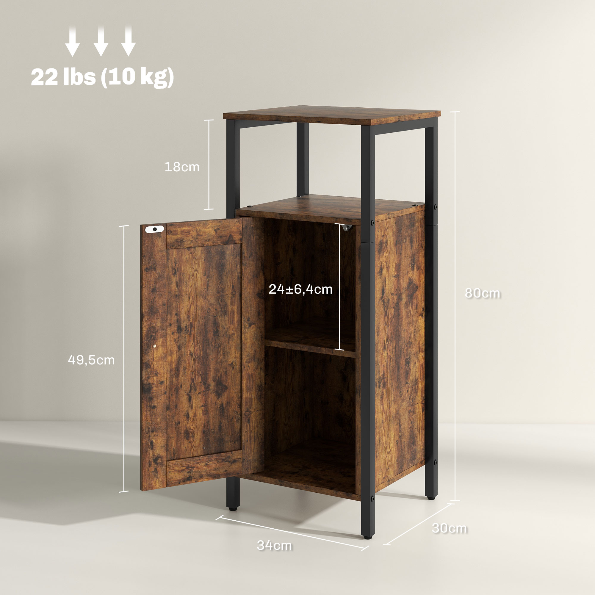 Beistelltisch mit Stauraum, 2 offene Regalfächer, 3-fach höhenverstellbar, Magnetverschluss, braun_voghion.com