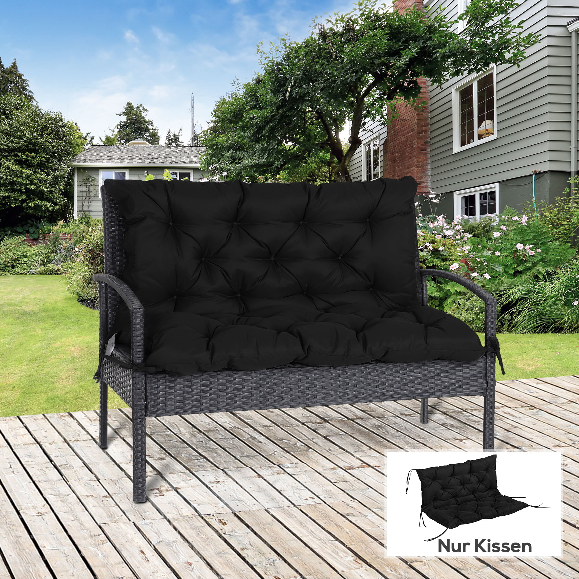 3-Sitzer-Bankkissen 100 x 98 x 8 cm mit Befestigungsbändern, Bankkissen für Gartenmöbel, Hollywood-Schaukel, Schwarz_voghion.com