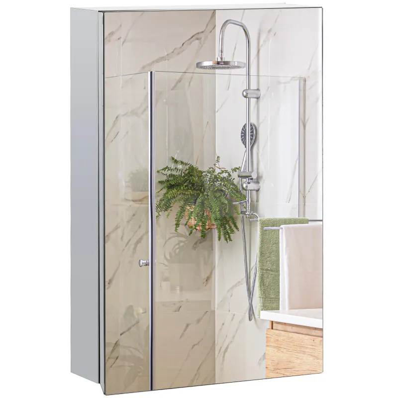 Wall Mounted Bathroom Medicine Cabinet Mirrored Cabinet with Hinged Door 3-Tier Storage Shelves Silver