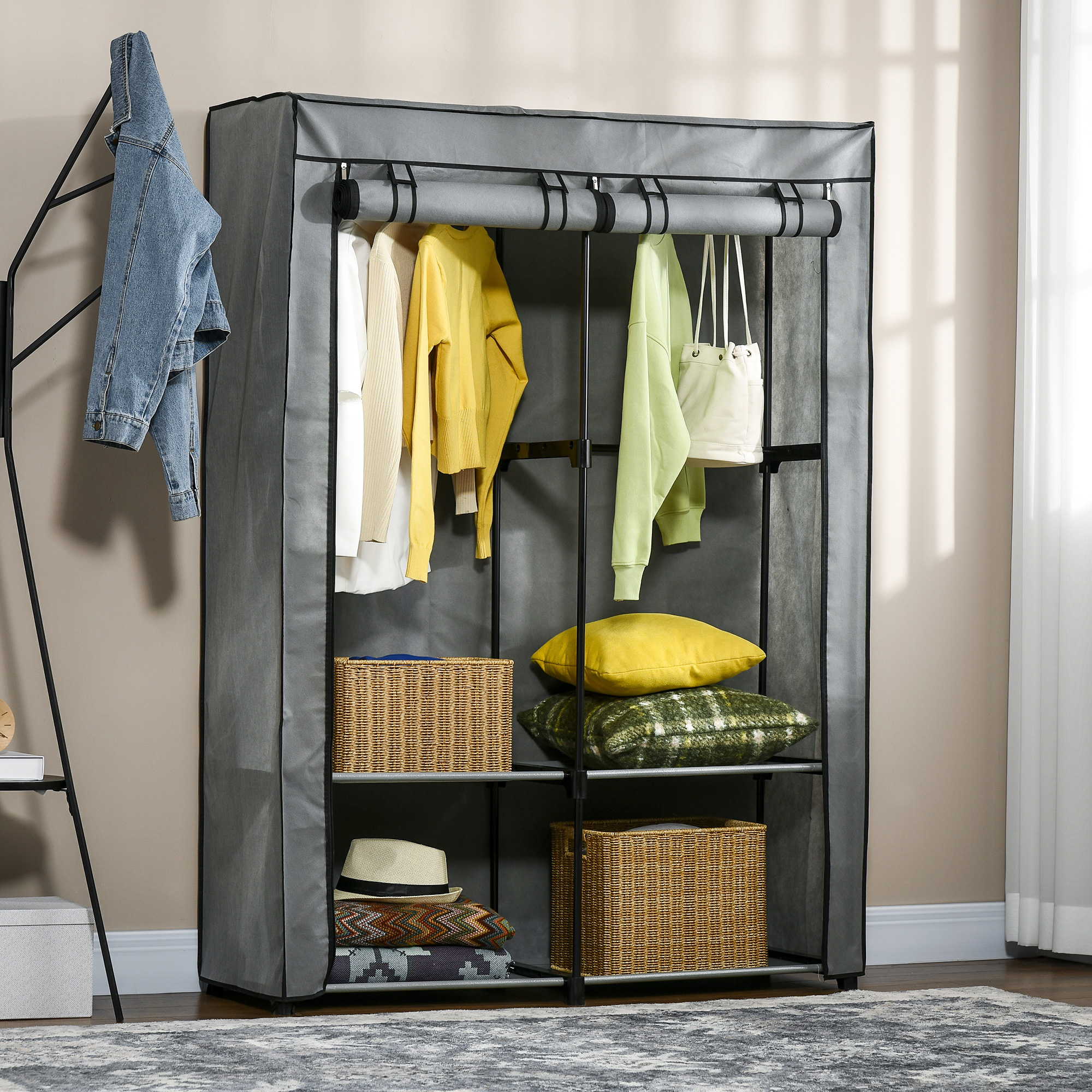 Wardrobe – Fabric 4 Shelves + 2 Rods, Gray, Compact Storage Solution_voghion.com