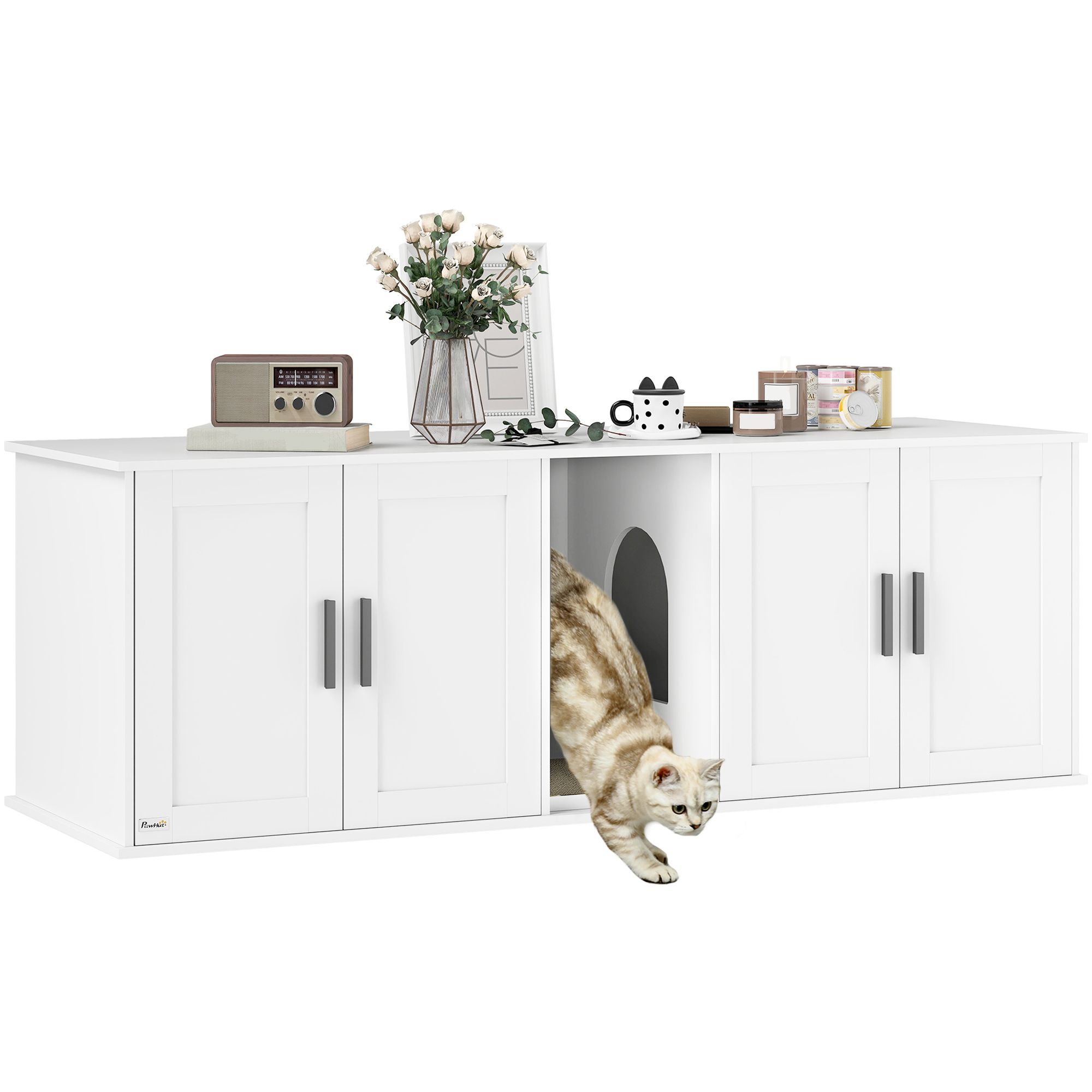 Cat Litter Box Enclosure with Double Room, Scratching Mat for 2 Cats, 57" x 19" x 20", White