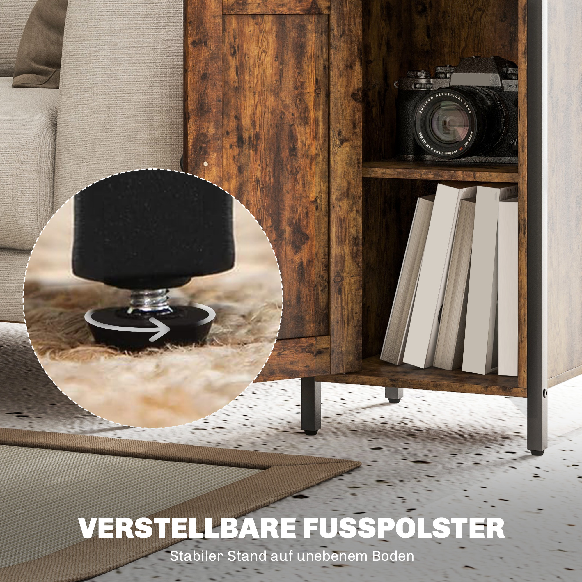 Beistelltisch mit Stauraum, 2 offene Regalfächer, 3-fach höhenverstellbar, Magnetverschluss, braun_voghion.com