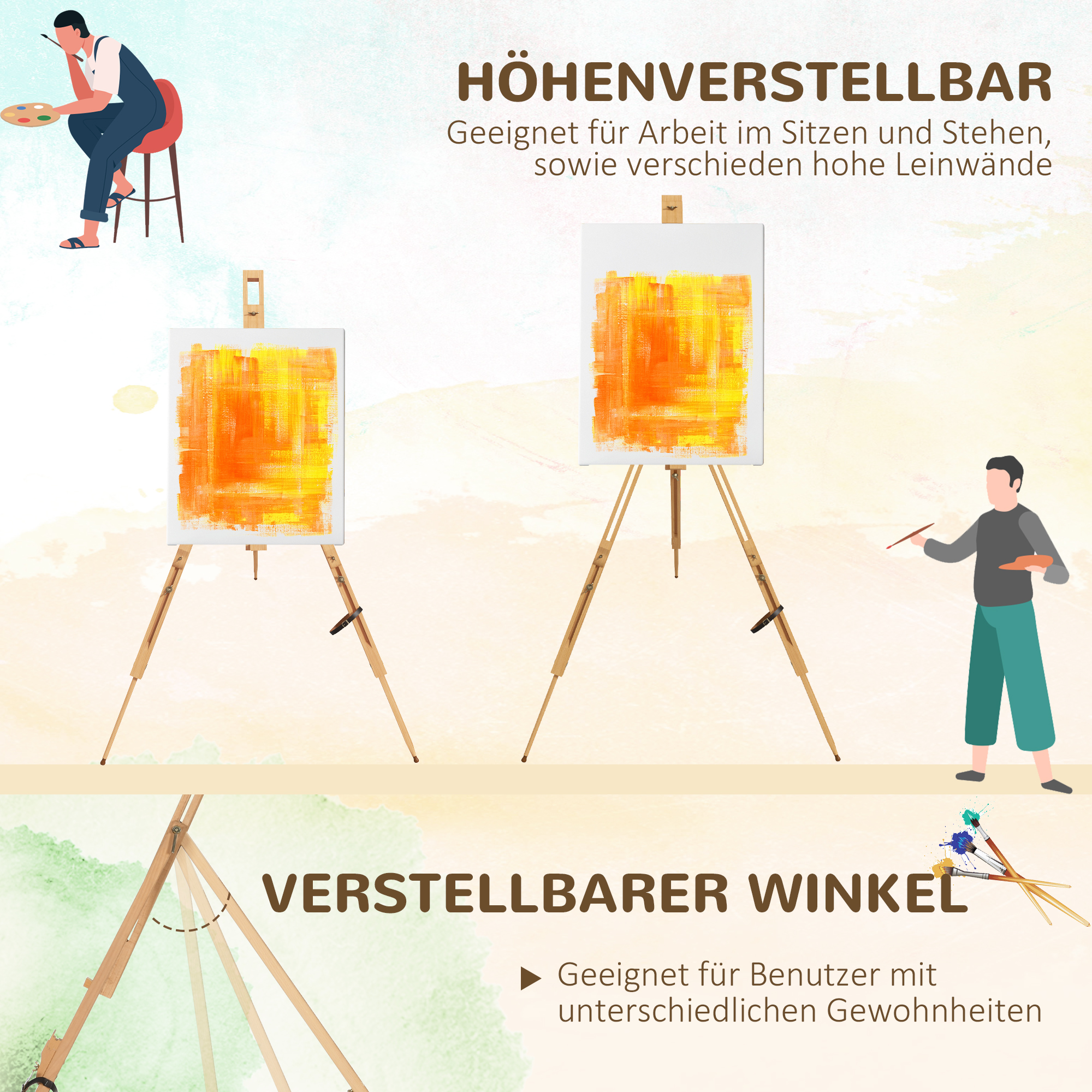 Staffelei, höhenverstellbar, zusammenklappbar, aus naturbelassenem Buchenholz, für Leinwände bis 107 cm Höhe_voghion.com