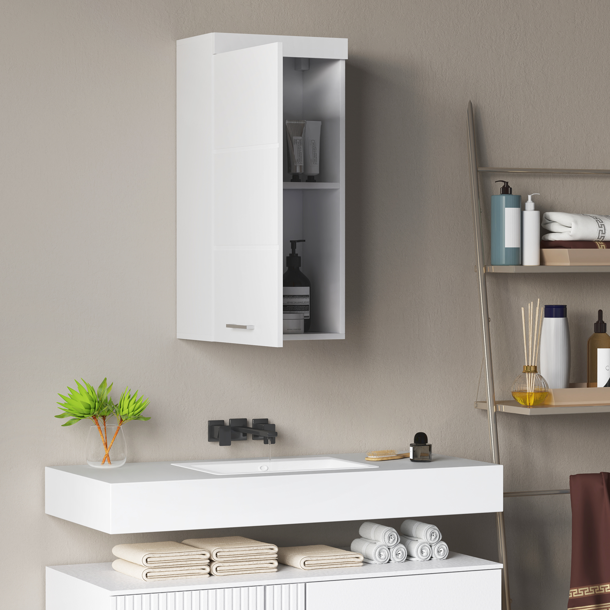 Zweistöckiger Badezimmerschrank, Waschtischunterschrank, Wandmontage, Spanplatte, MDF, Weiß_voghion.com