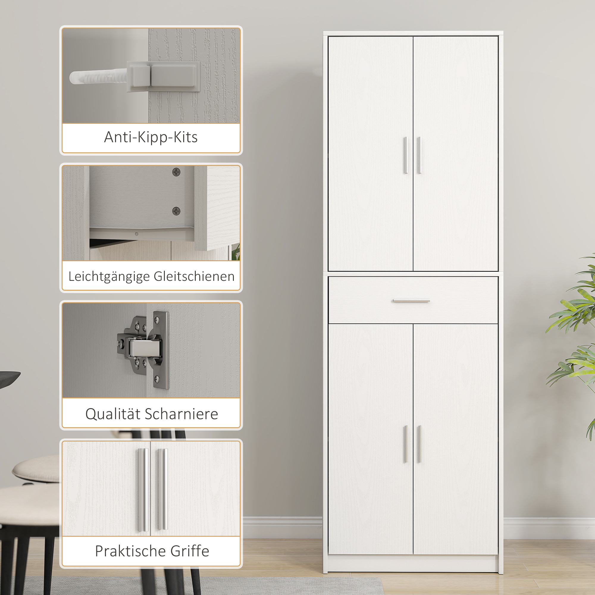 Küchenschrank, 3-stufig verstellbare Einlegeböden, Spanplatte, MDF, großer Stauraum, Weiß_voghion.com