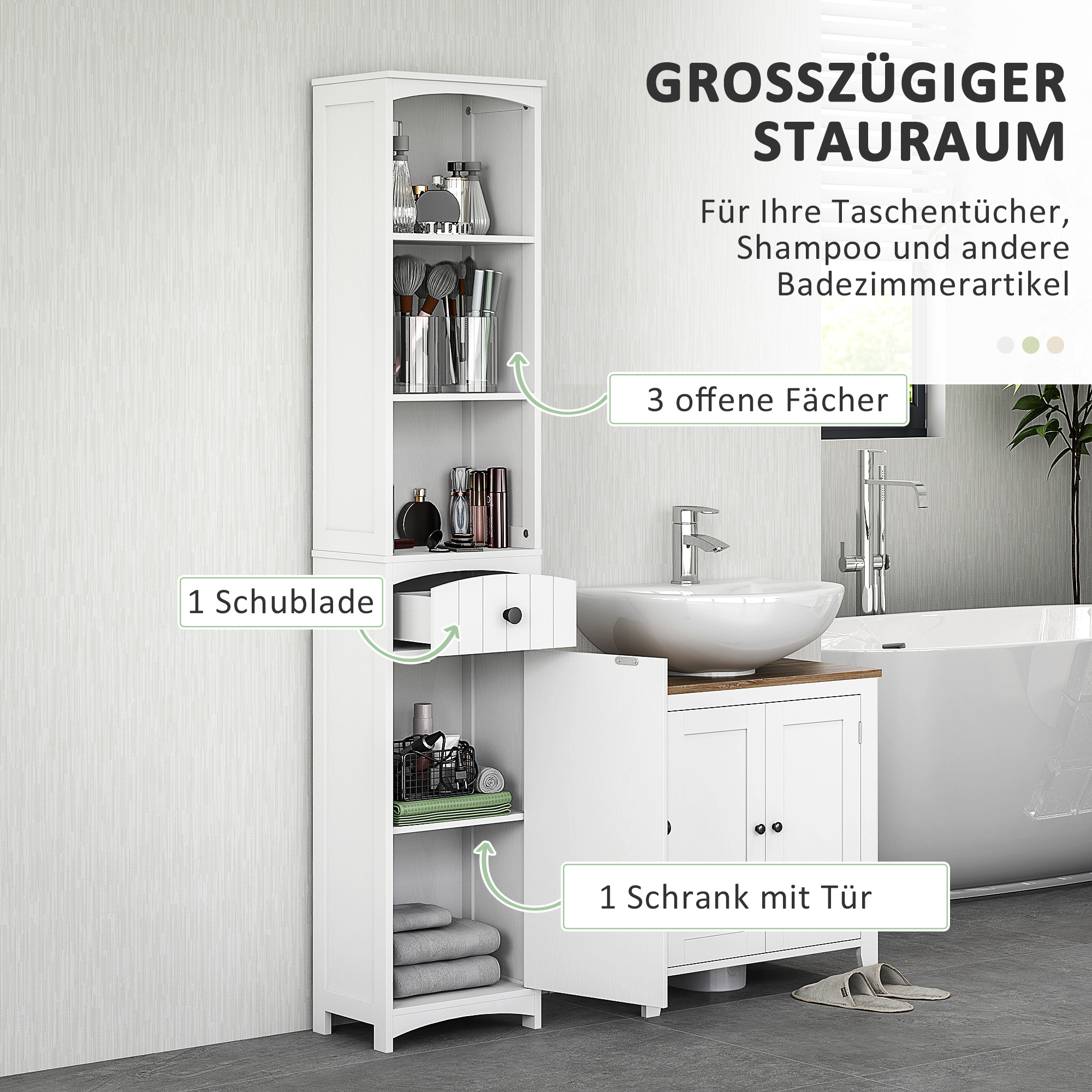 Badezimmerschrank mit 3 Einlegeböden, 1 Schublade, robust, MDF, weiß_voghion.com