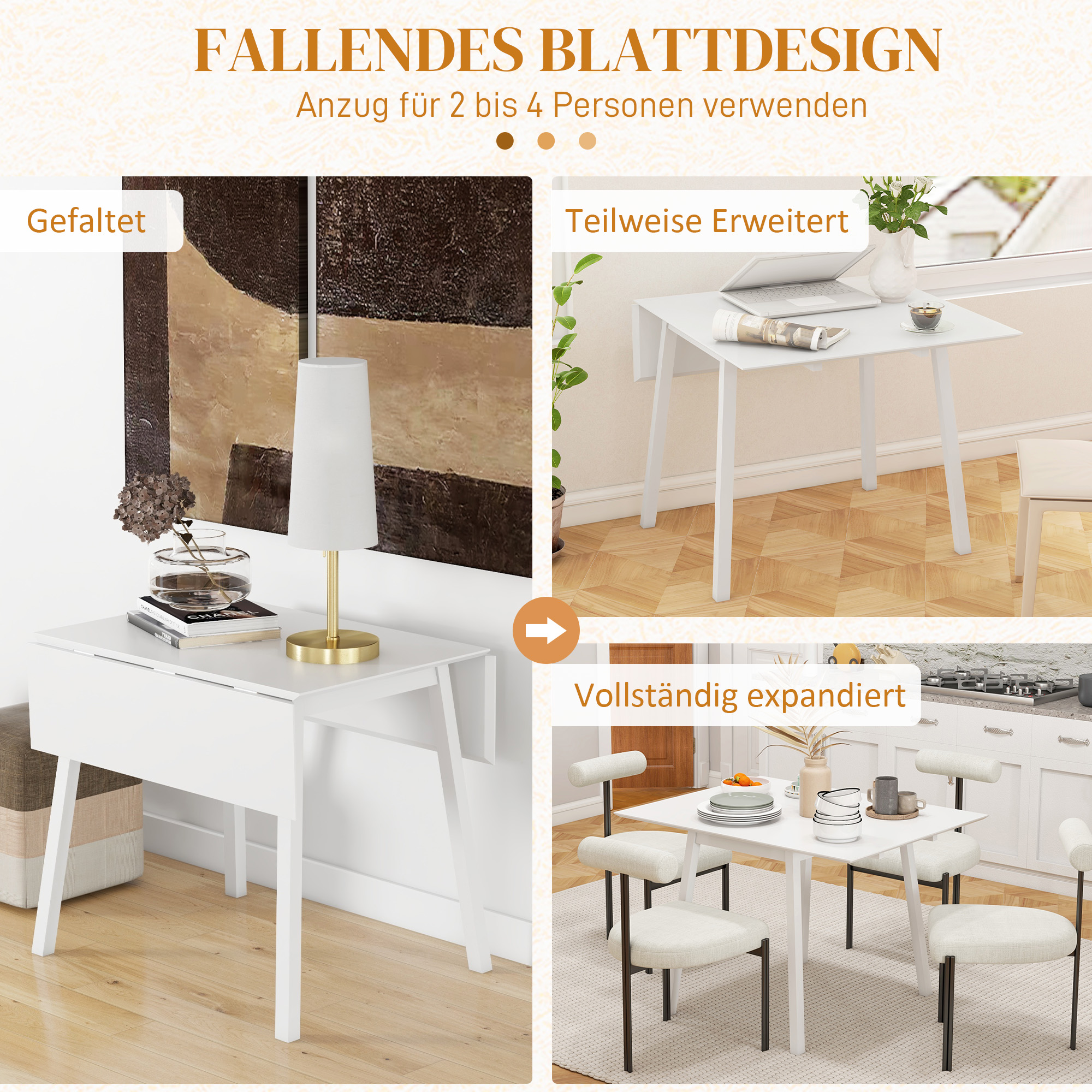 Klappbarer Esstisch/Küchentisch, 2 klappbare Tischplatten, 110 x 86 x 75 cm, Weiß_voghion.com