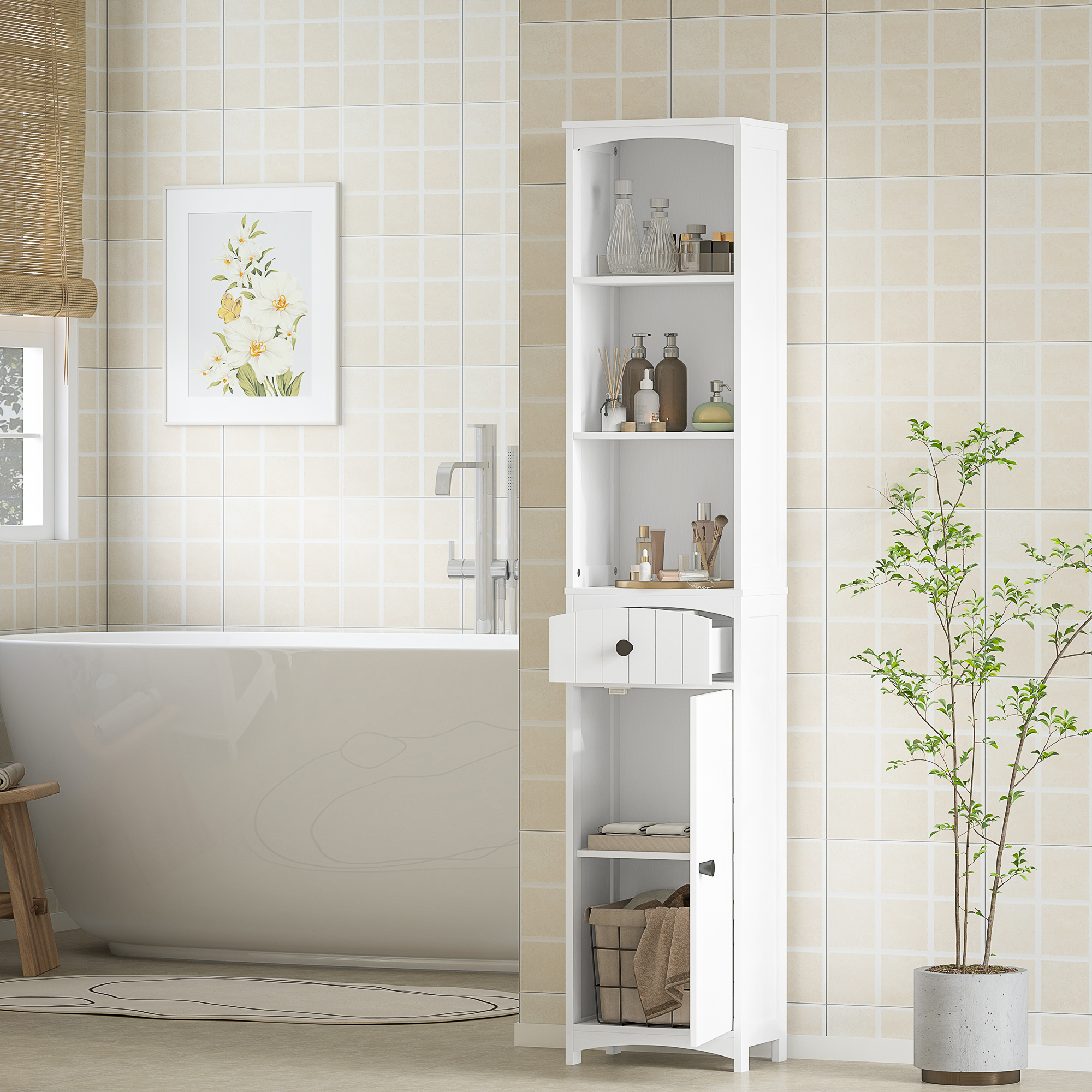 Badezimmerschrank mit 3 Einlegeböden, 1 Schublade, robust, MDF, weiß_voghion.com