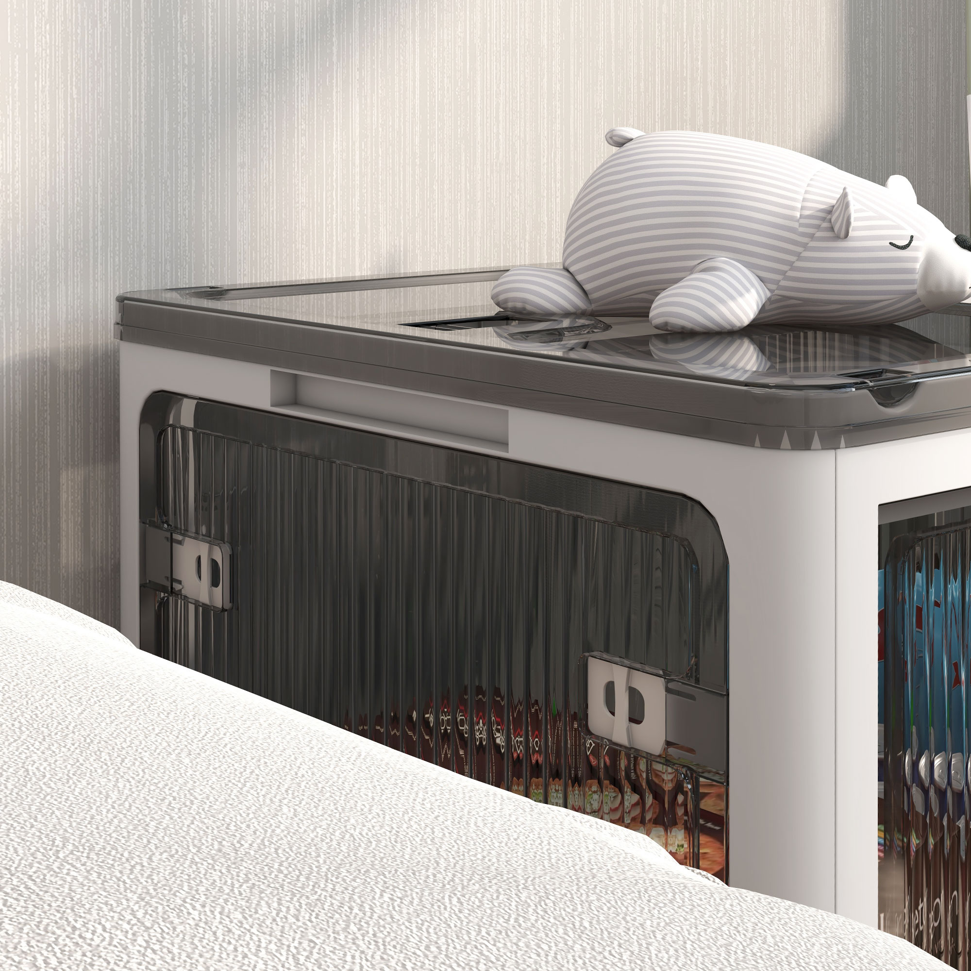 Kunststoff-Aufbewahrungsbox mit Deckel, stapelbar und faltbar, 5-seitiger Zugriff, Rollen, 69 l Fassungsvermögen, weiß_voghion.com