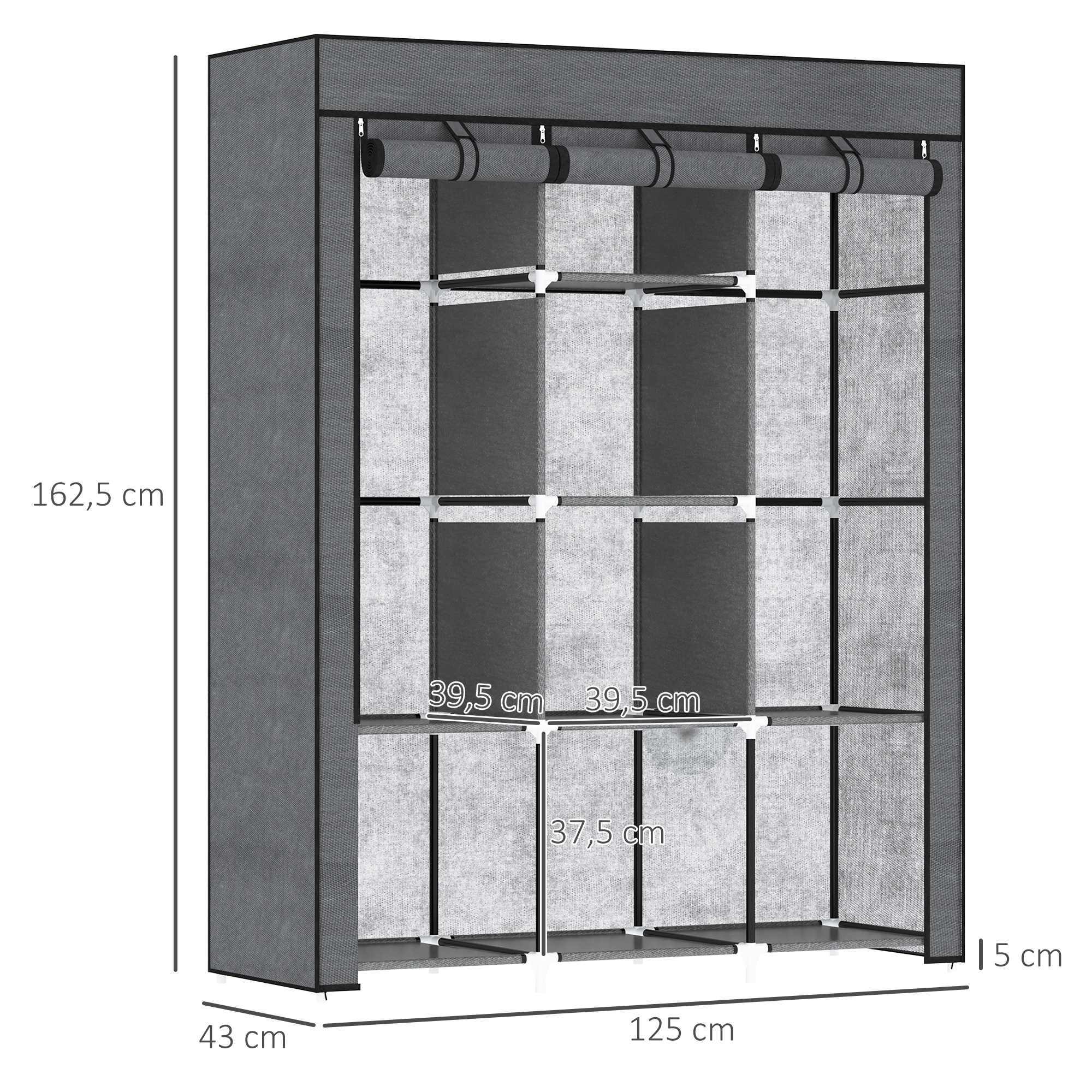 Wardrobe – Fabric 8 Shelves + 2 Rods, Dark Gray, Compact Storage Solution_voghion.com