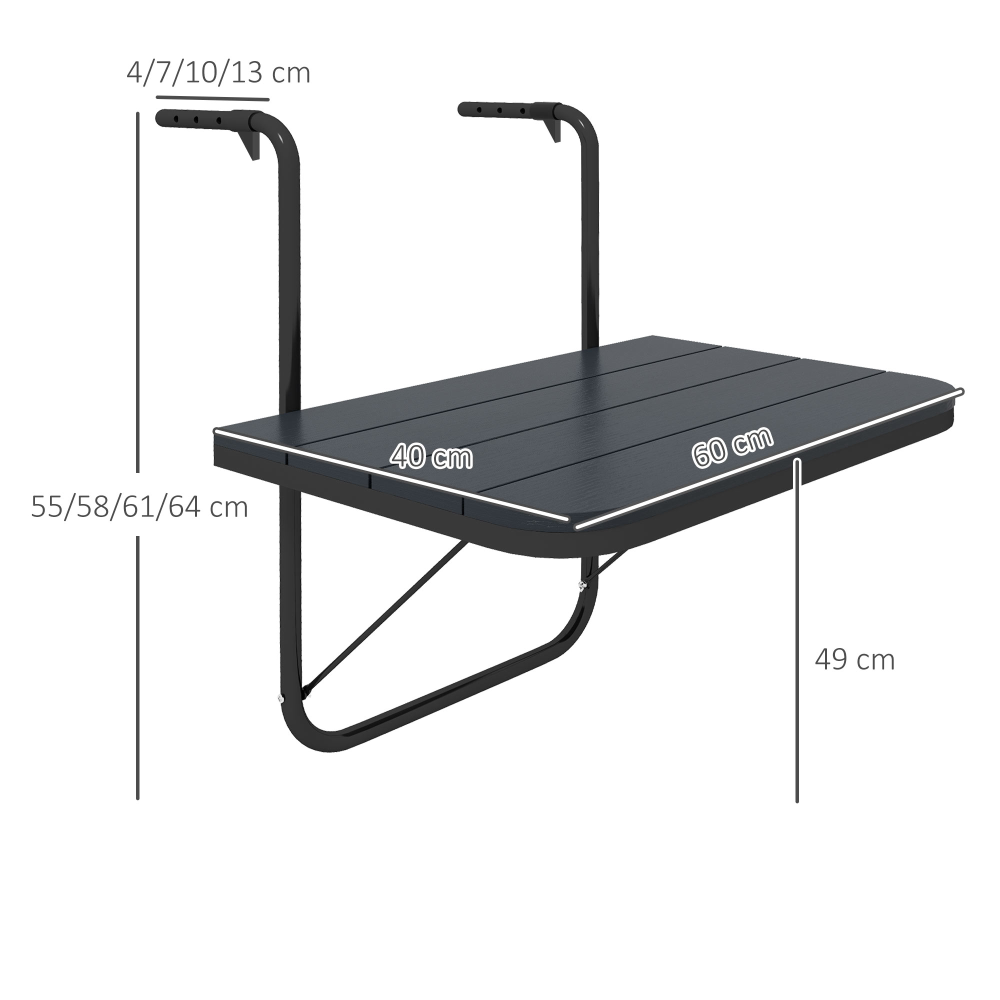 Diagrama de dimensiones de la mesa plegable para balcón