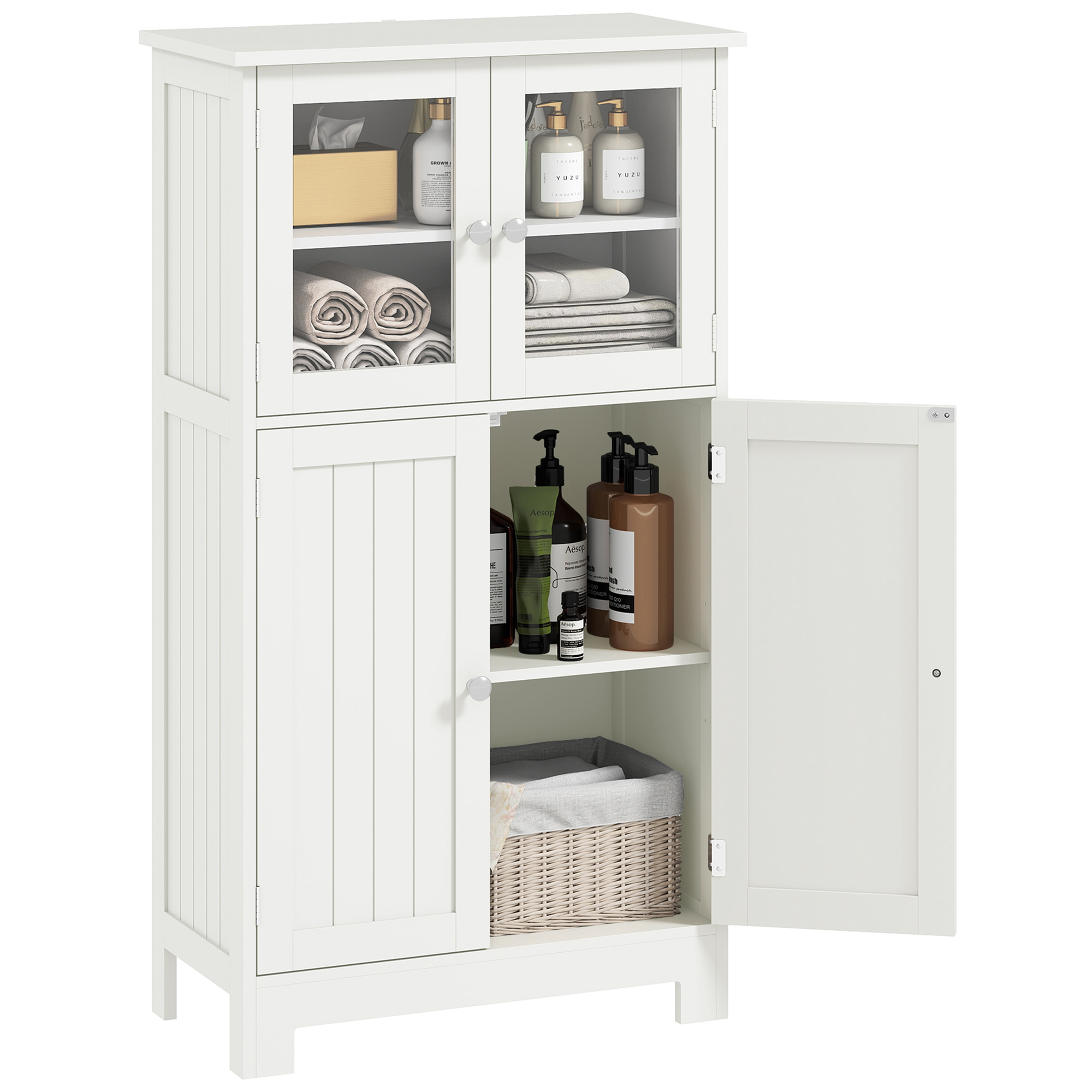 Armario Auxiliar De Baño Con Puertas De Cristal Y Estante Ajustable Armario Multifuncional 60x30x108,5cm Blanco_voghion.com