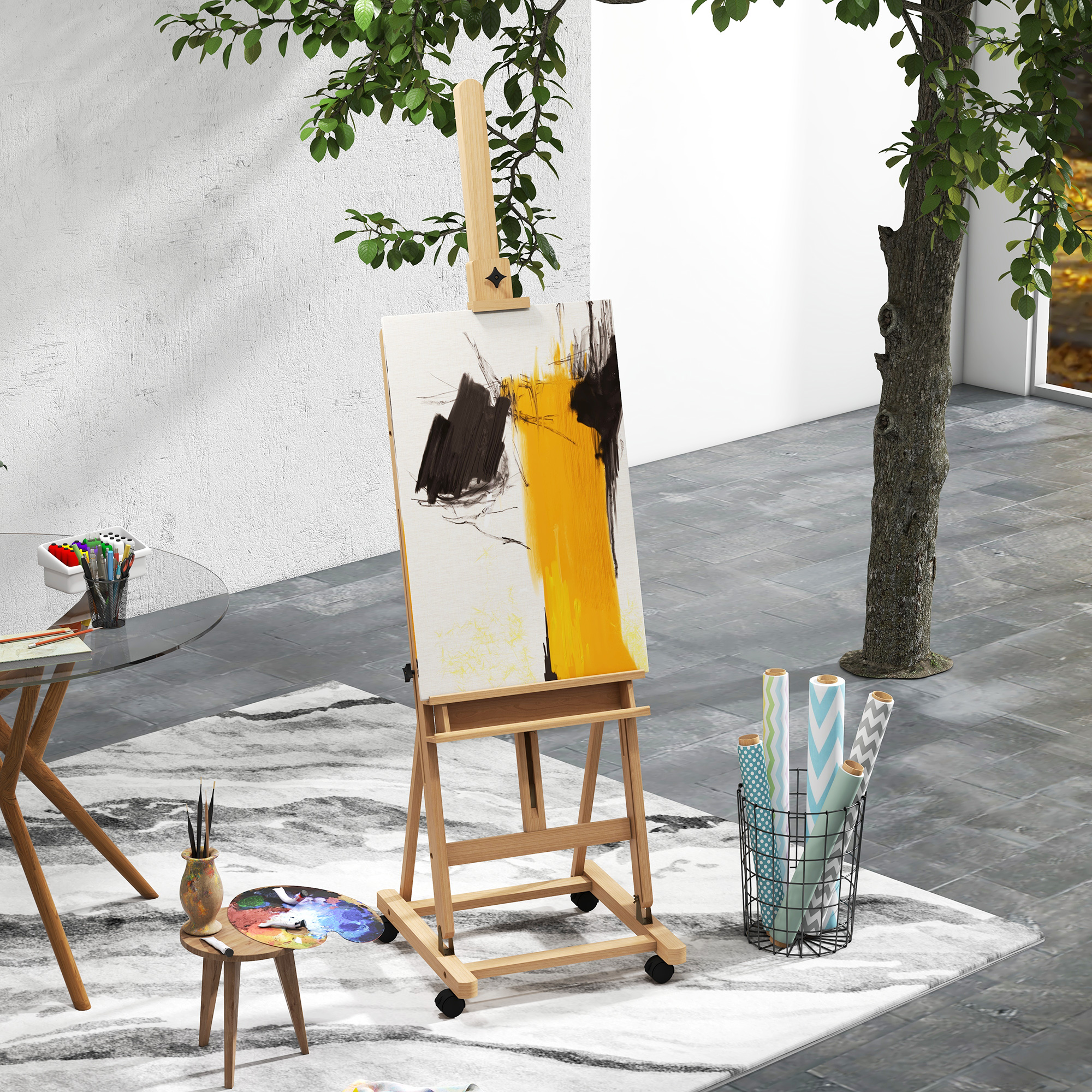 Staffelei, Künstlerstaffelei, höhenverstellbar, 4 Rollen, Natur + Schwarz_voghion.com