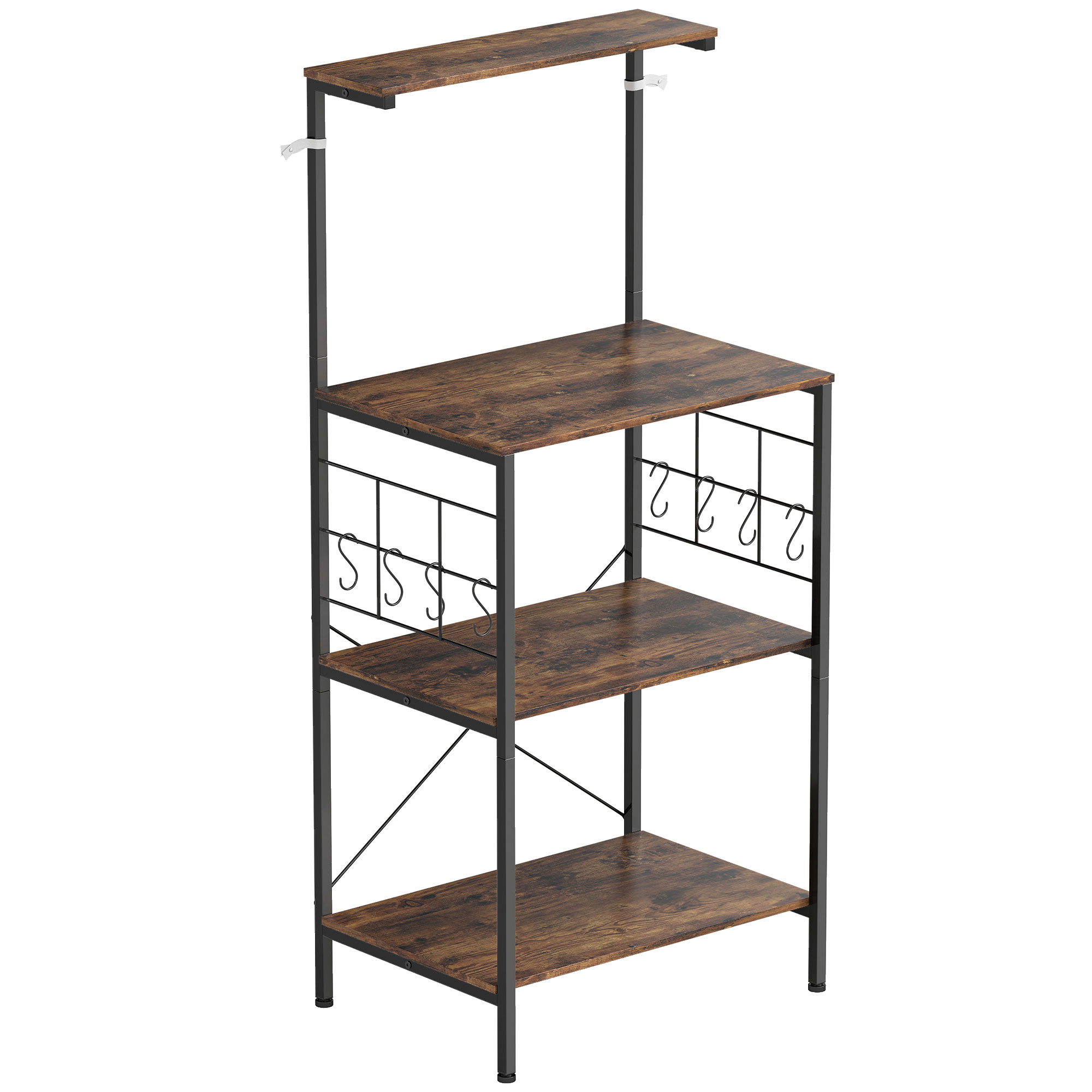Küchenregal, 4-stufig, Arbeitsplatte, 8 Haken, Metallrohre, Braun+Schwarz_voghion.com