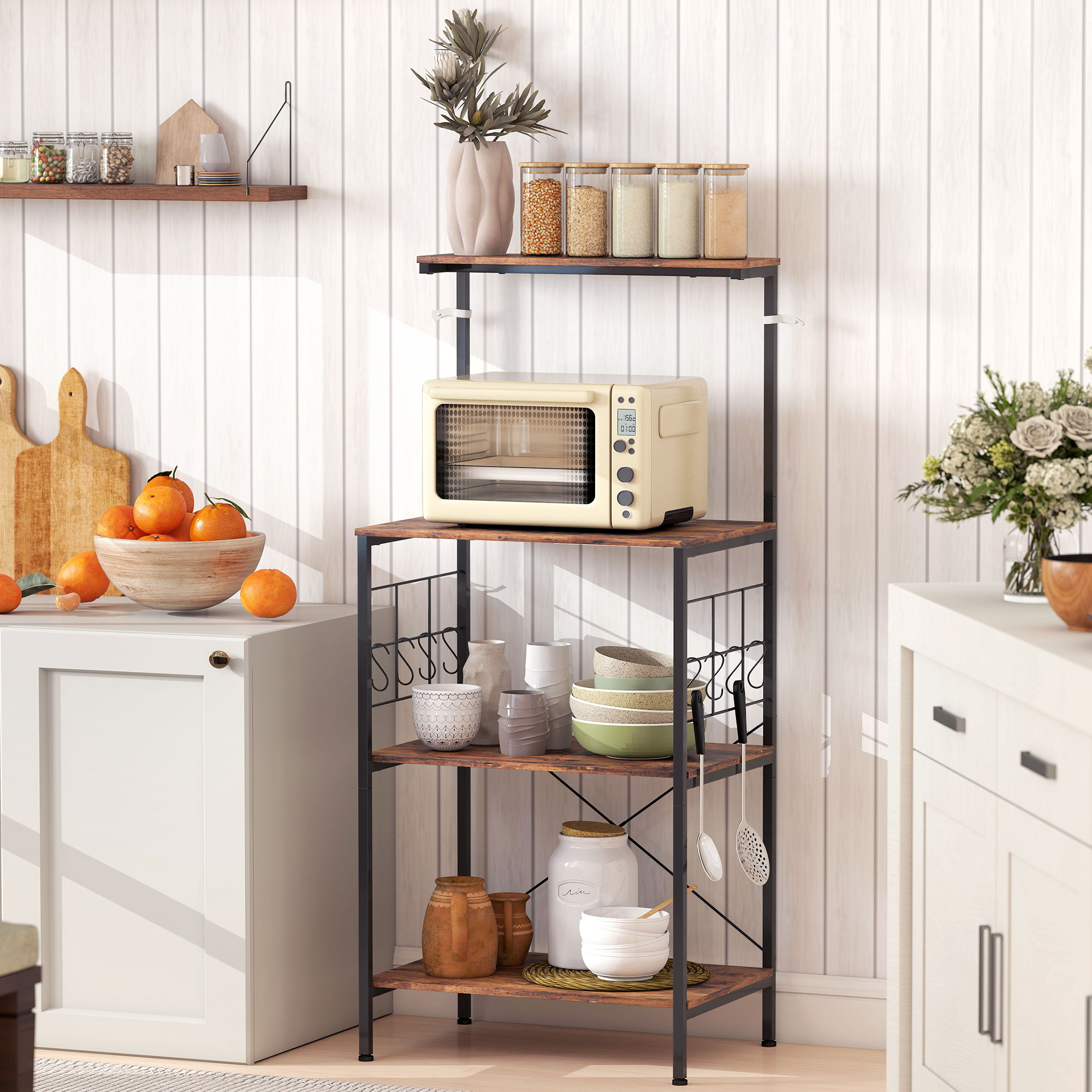 Küchenregal, 4-stufig, Arbeitsplatte, 8 Haken, Metallrohre, Braun+Schwarz_voghion.com