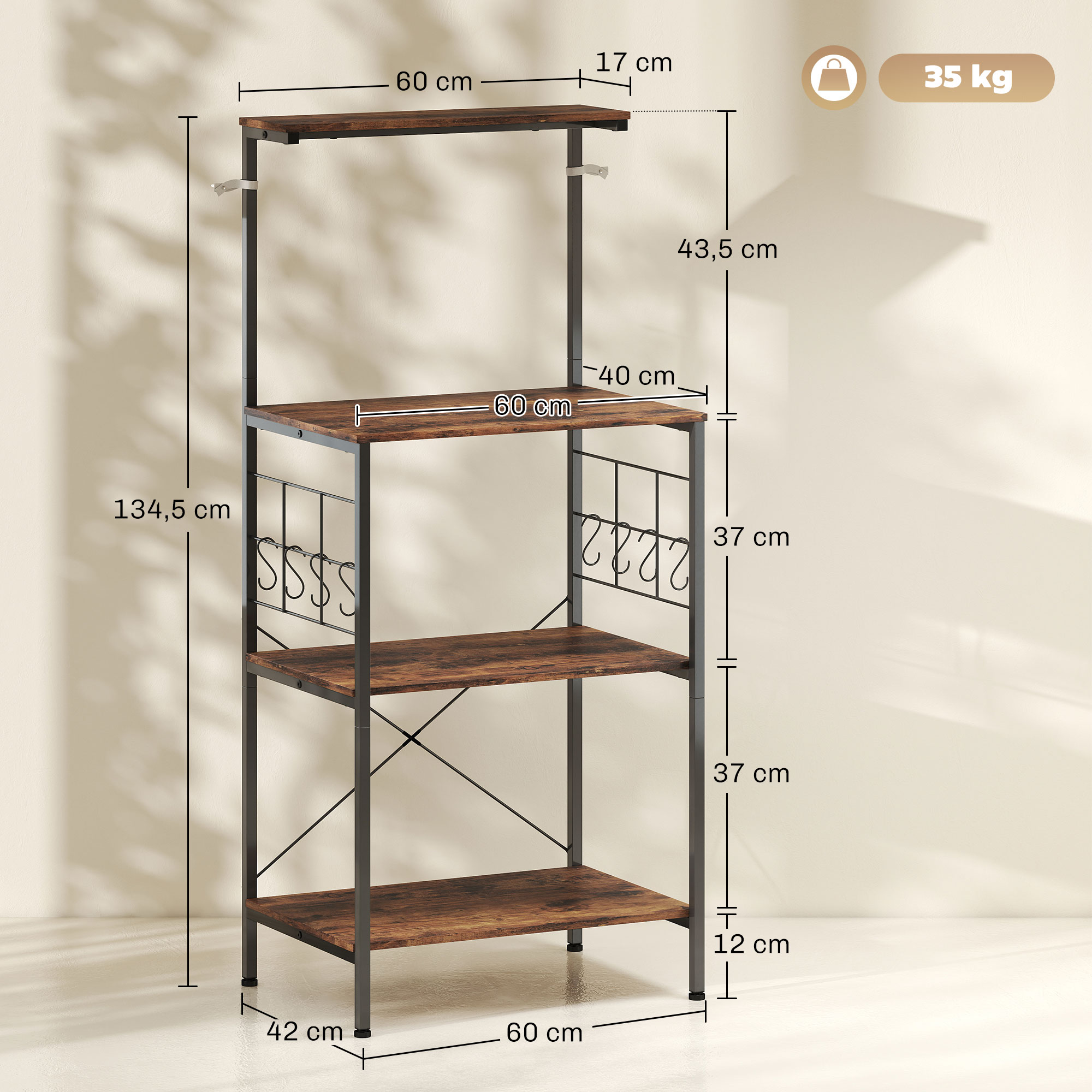 Küchenregal, 4-stufig, Arbeitsplatte, 8 Haken, Metallrohre, Braun+Schwarz_voghion.com