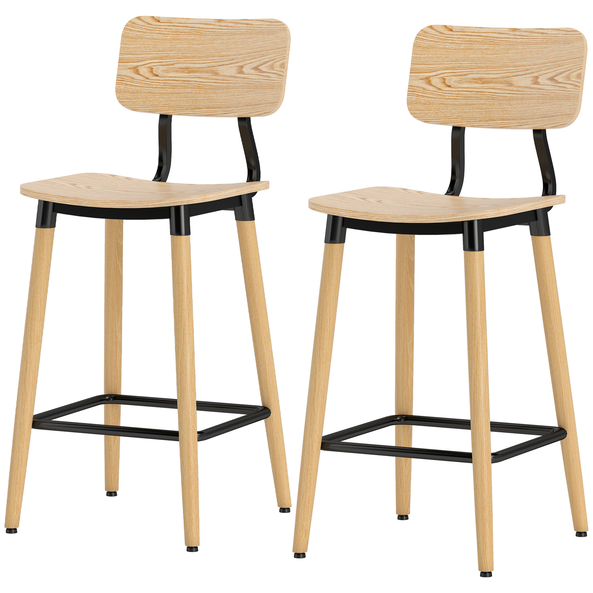 taburetes de bar, madera y detalle de la estructura