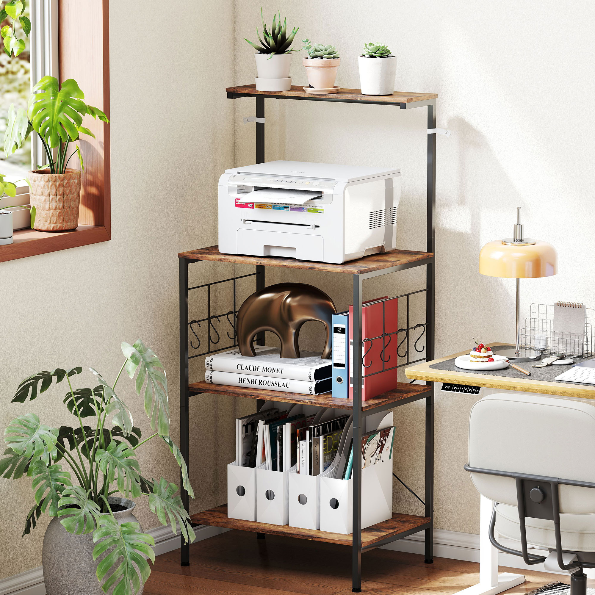 Küchenregal, 4-stufig, Arbeitsplatte, 8 Haken, Metallrohre, Braun+Schwarz_voghion.com