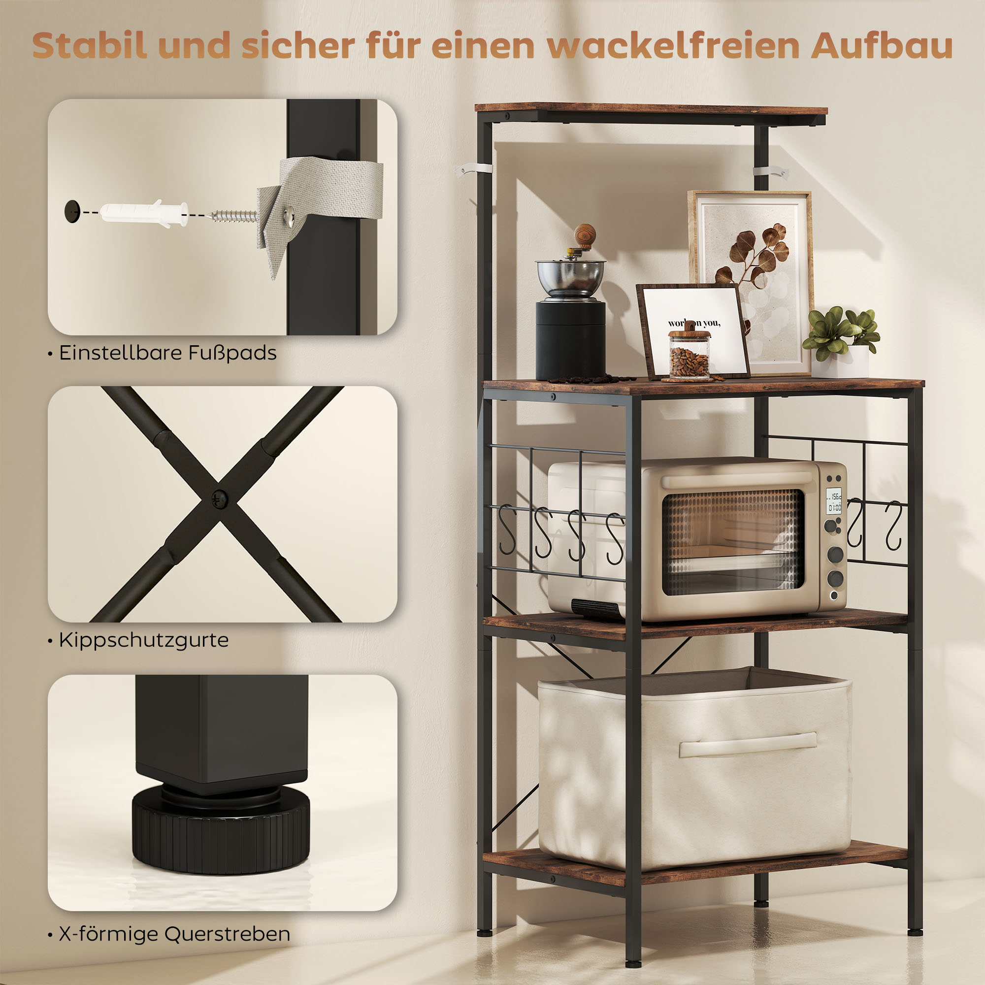 Küchenregal, 4-stufig, Arbeitsplatte, 8 Haken, Metallrohre, Braun+Schwarz_voghion.com