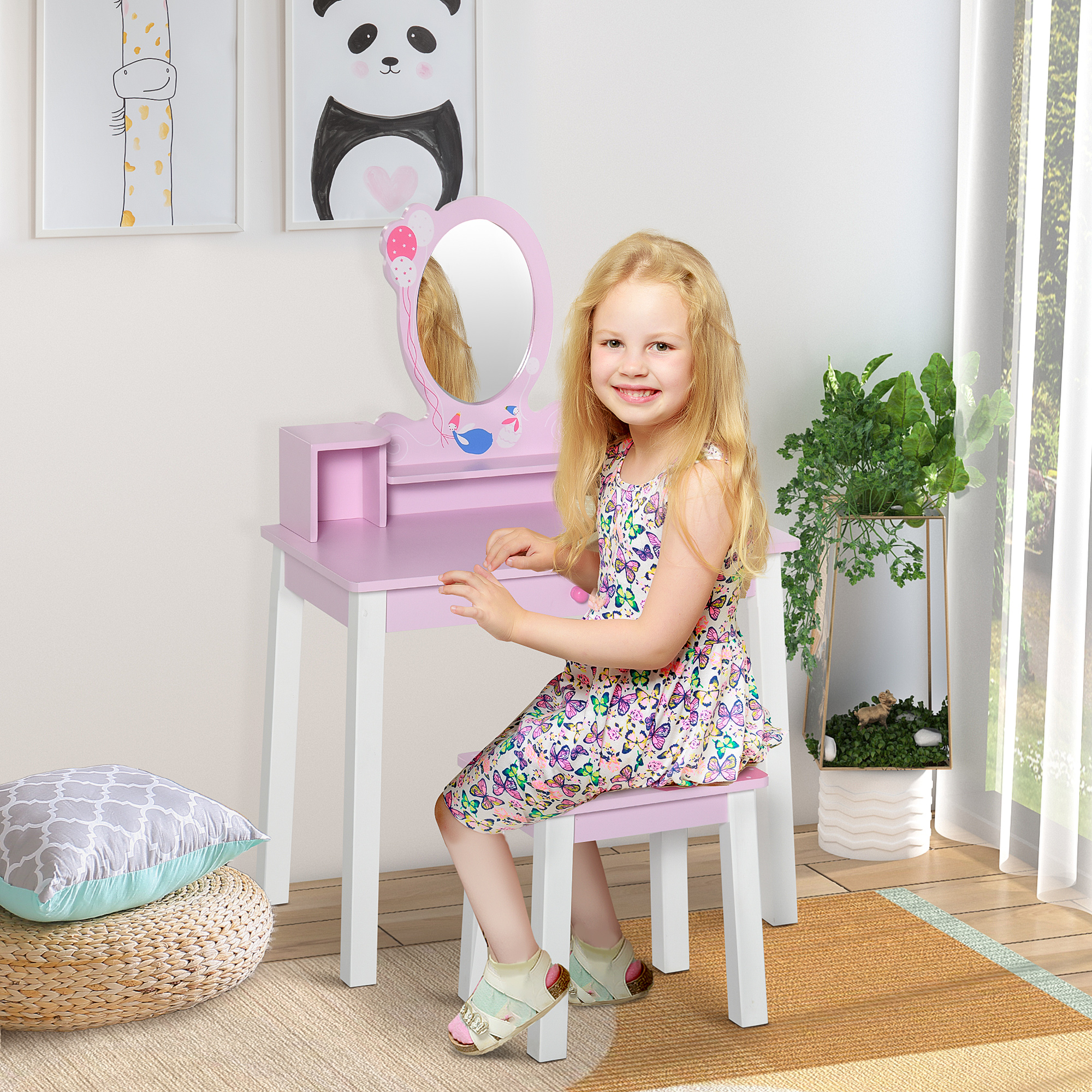 Tocador infantil madera rosa Irovami con taburete