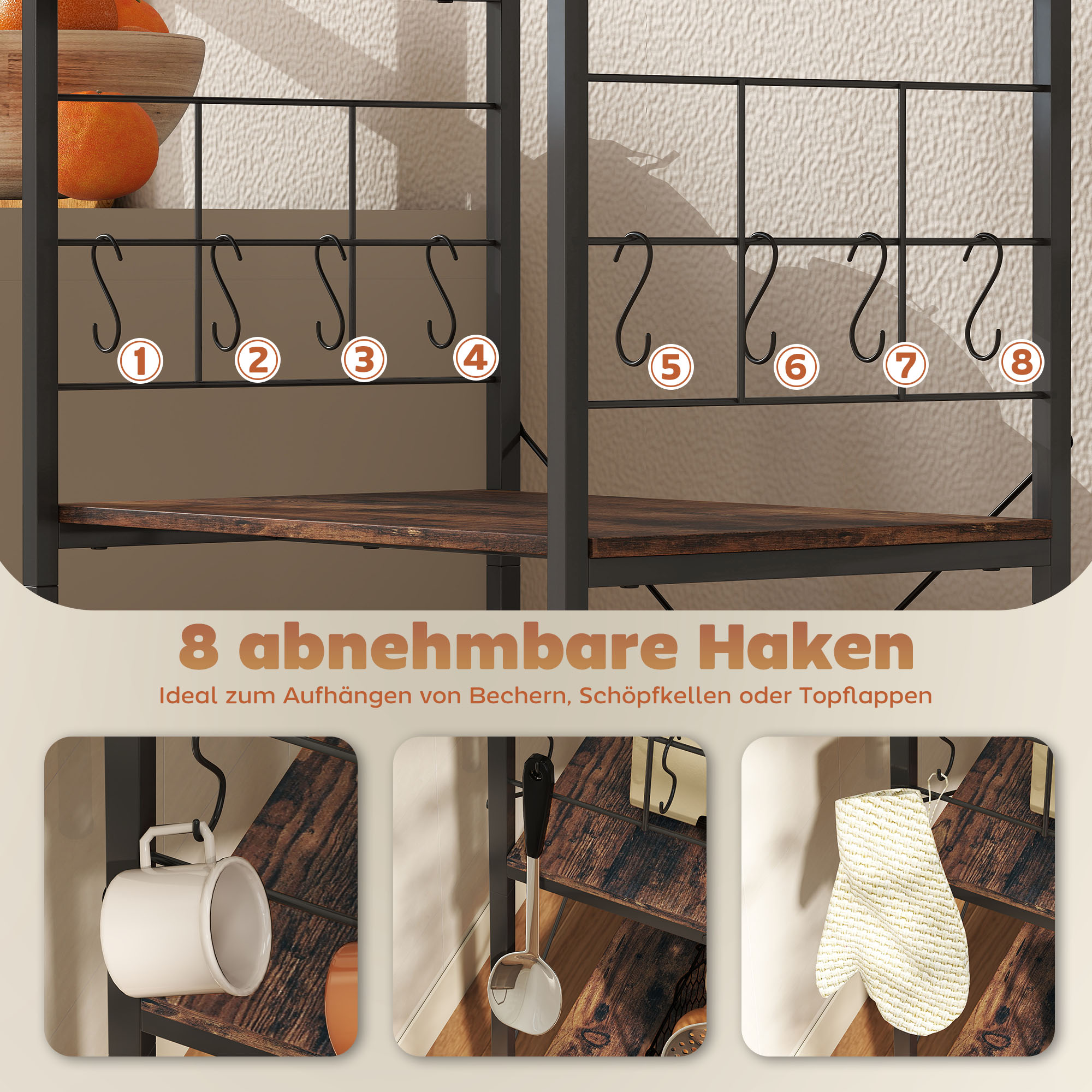 Küchenregal, 4-stufig, Arbeitsplatte, 8 Haken, Metallrohre, Braun+Schwarz_voghion.com