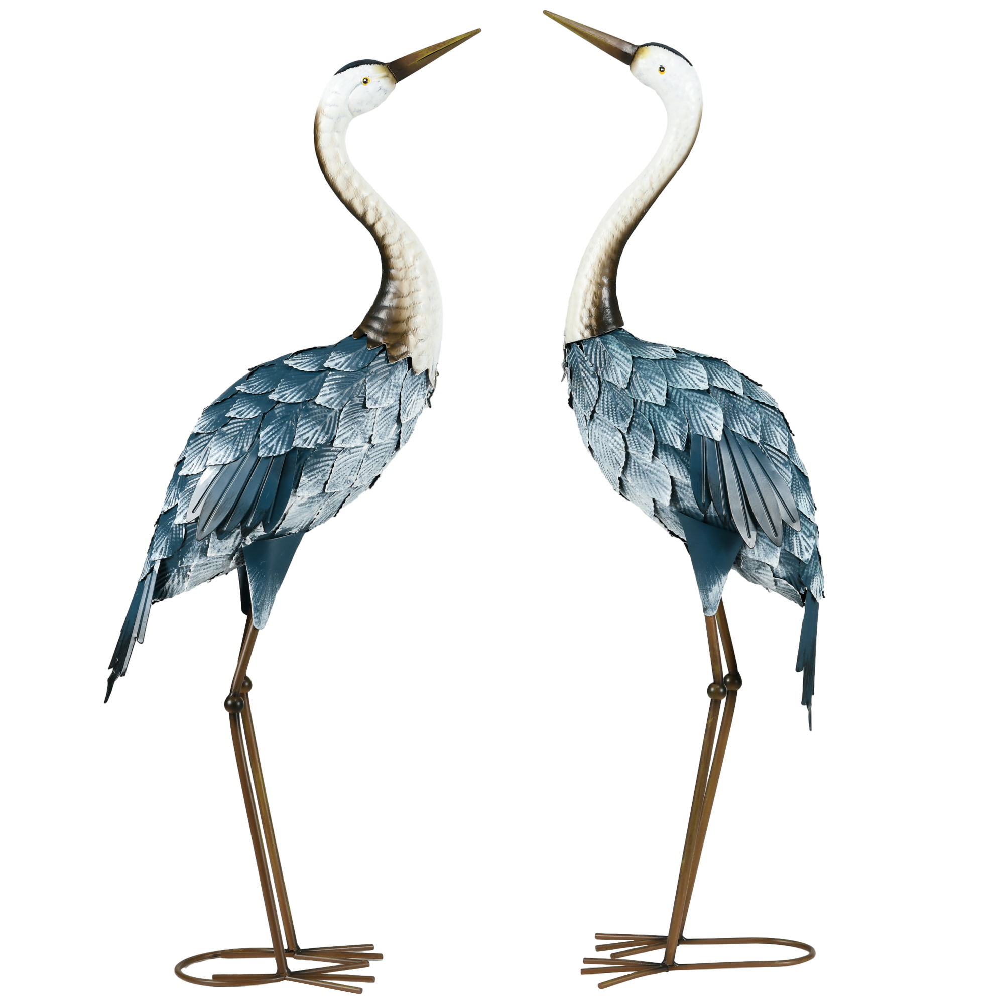 Crane Garden Statues, 28.5" & 29" Standing Bird Sculptures, Metal Yard Art Decor, Landscape Decoration Set of 2, Blue