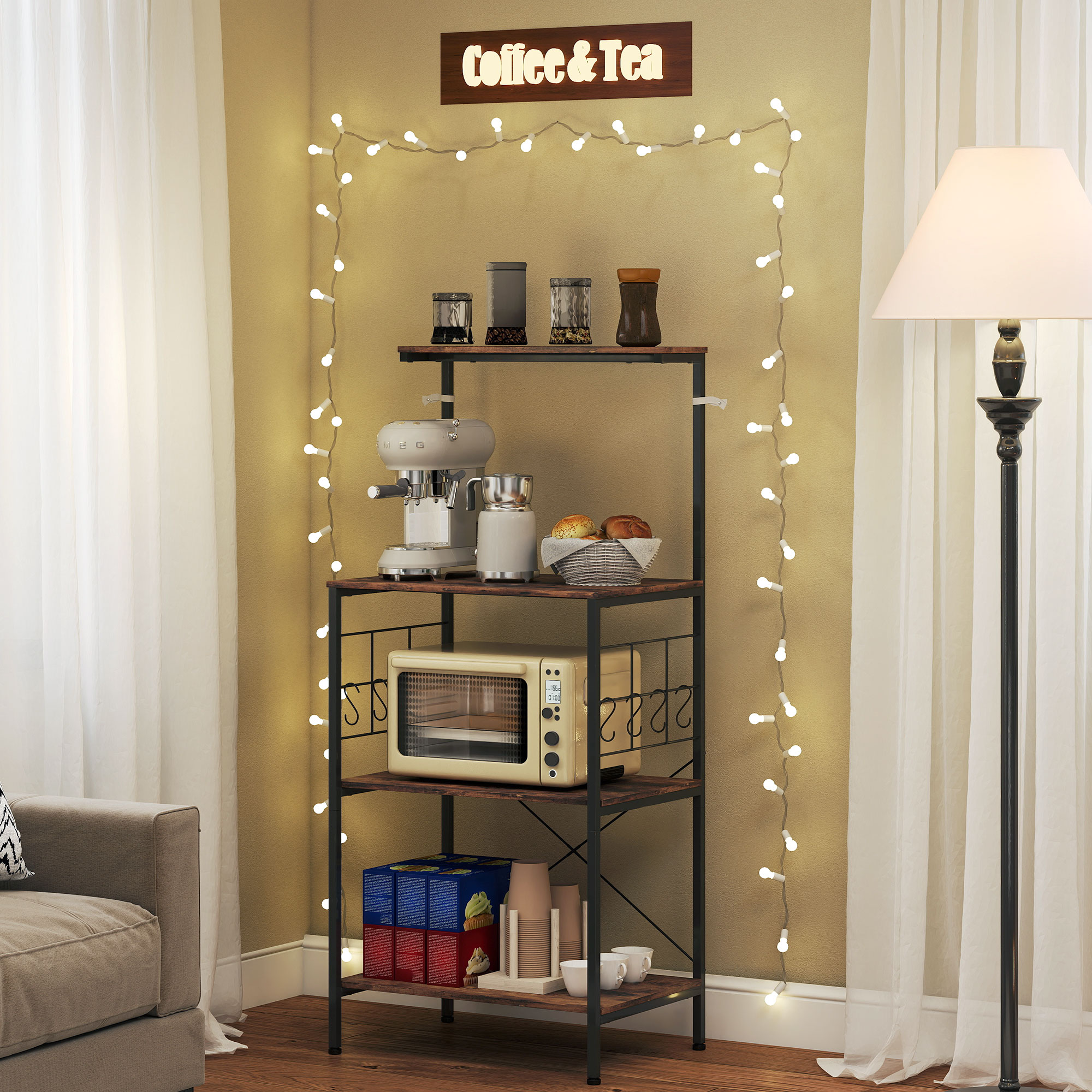 Küchenregal, 4-stufig, Arbeitsplatte, 8 Haken, Metallrohre, Braun+Schwarz_voghion.com