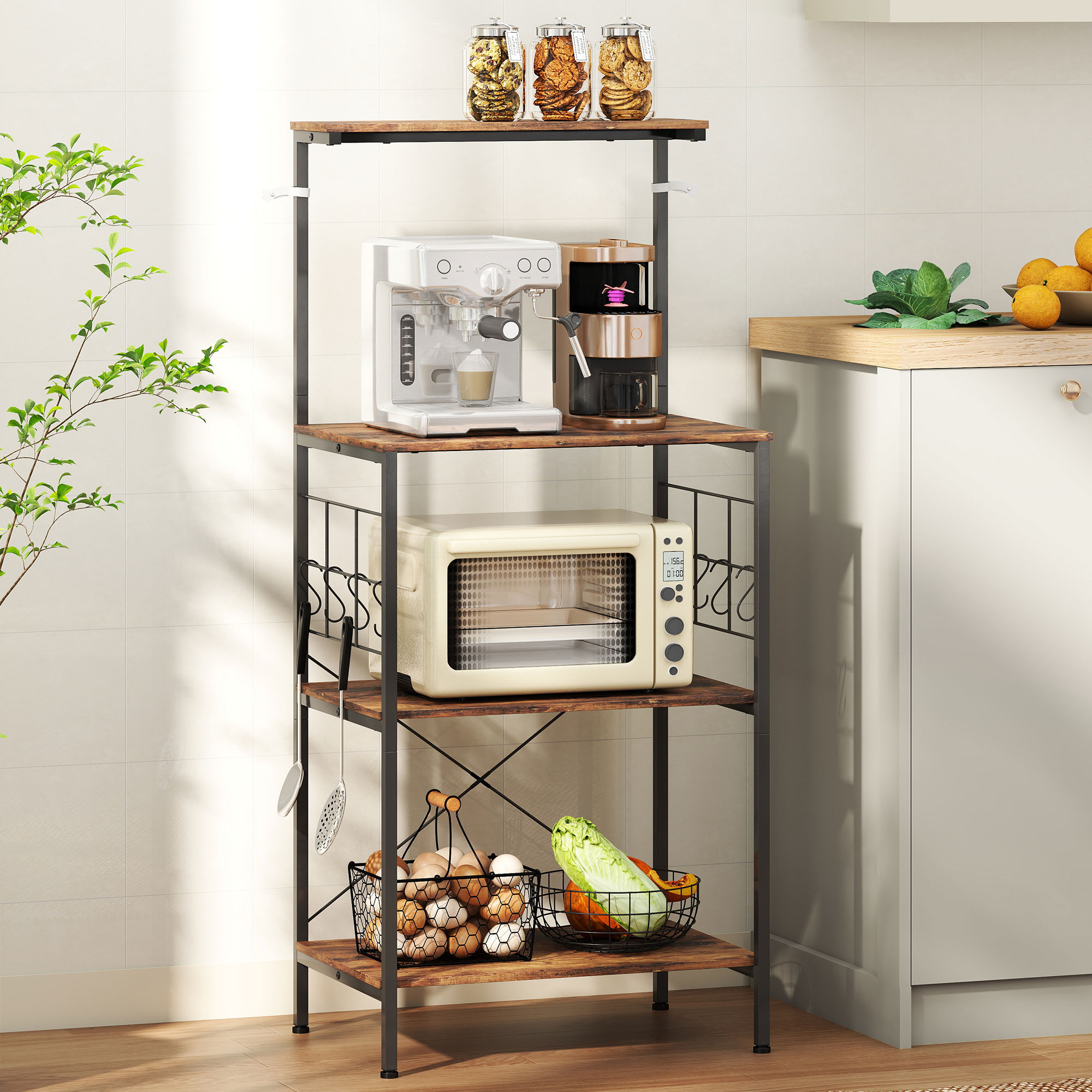 Küchenregal, 4-stufig, Arbeitsplatte, 8 Haken, Metallrohre, Braun+Schwarz_voghion.com