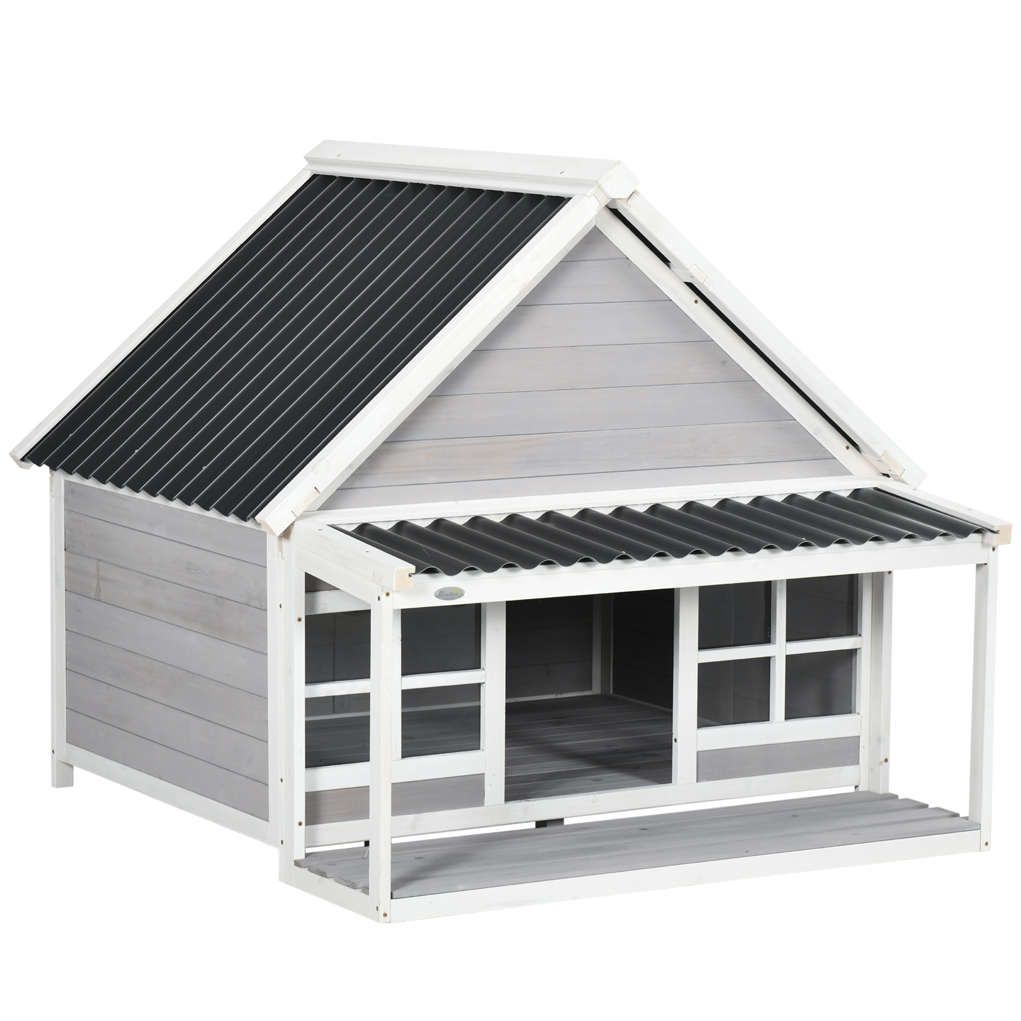 Wooden Dog House with Porch, Dog House Outdoor with Tilt Roof, Front Door, Windows for Medium Large Sized Dog