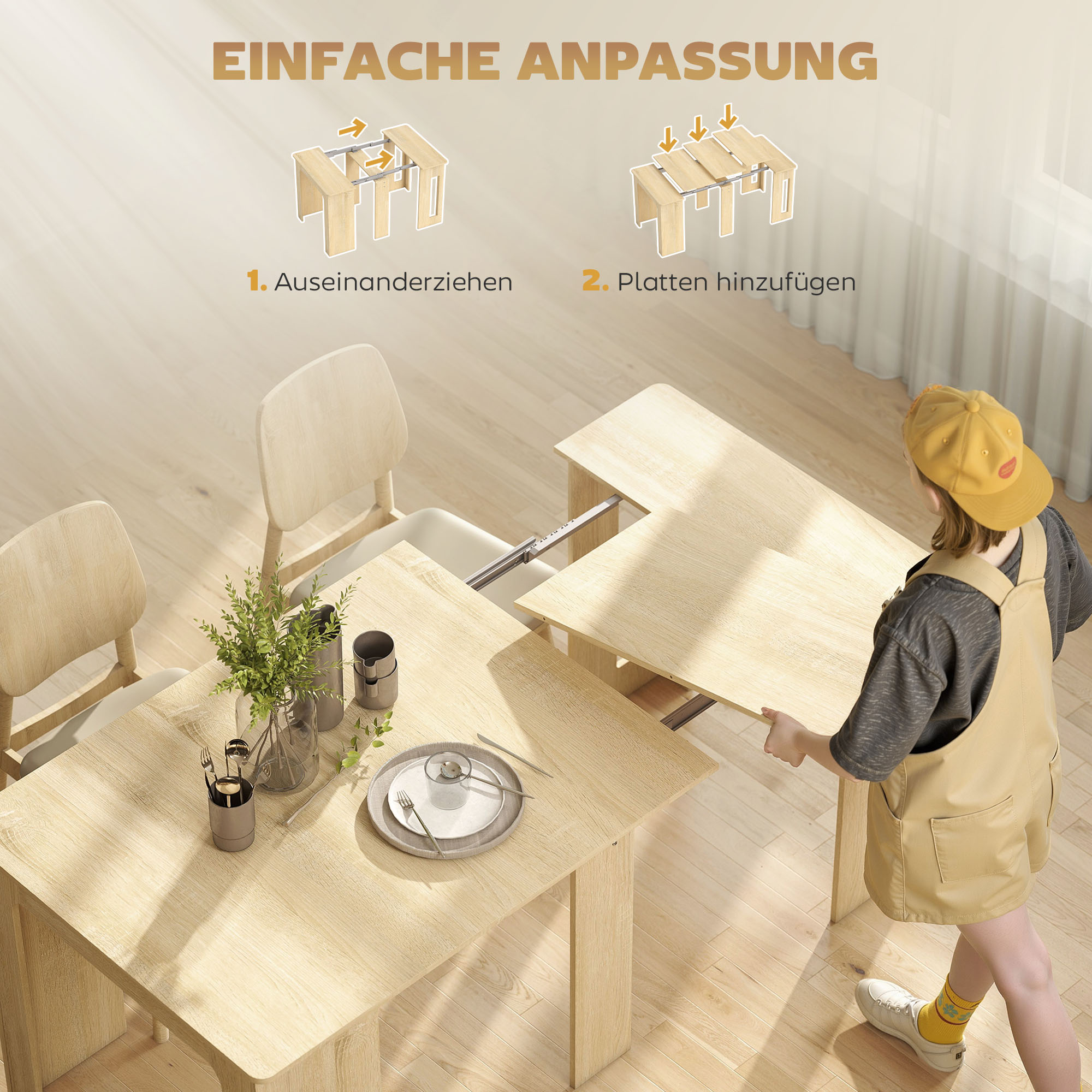Esstisch, Klapptisch, Ausziehtisch, Esstisch, Spanplatte, 60–180 x 85 x 75 cm, Natur_voghion.com