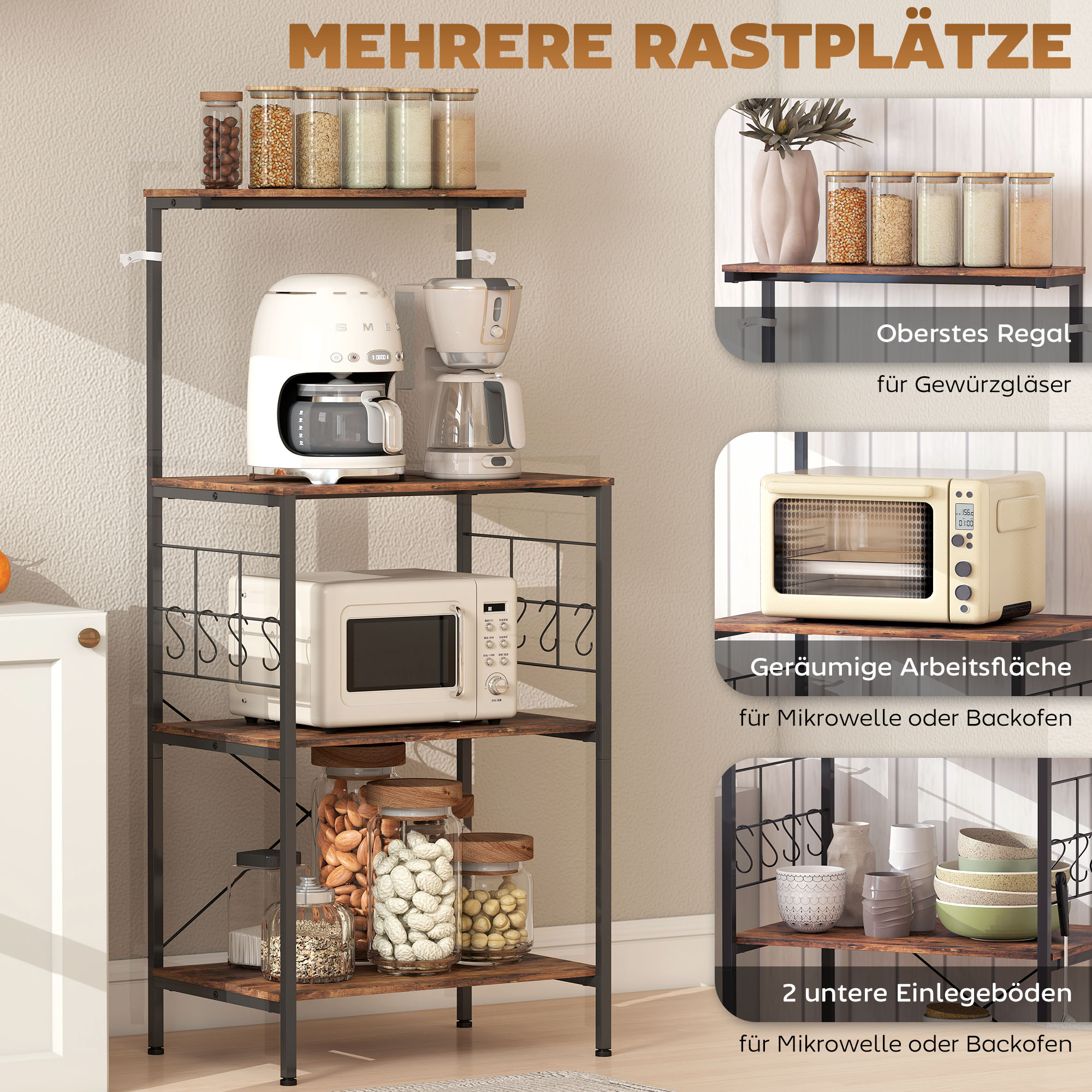 Küchenregal, 4-stufig, Arbeitsplatte, 8 Haken, Metallrohre, Braun+Schwarz_voghion.com