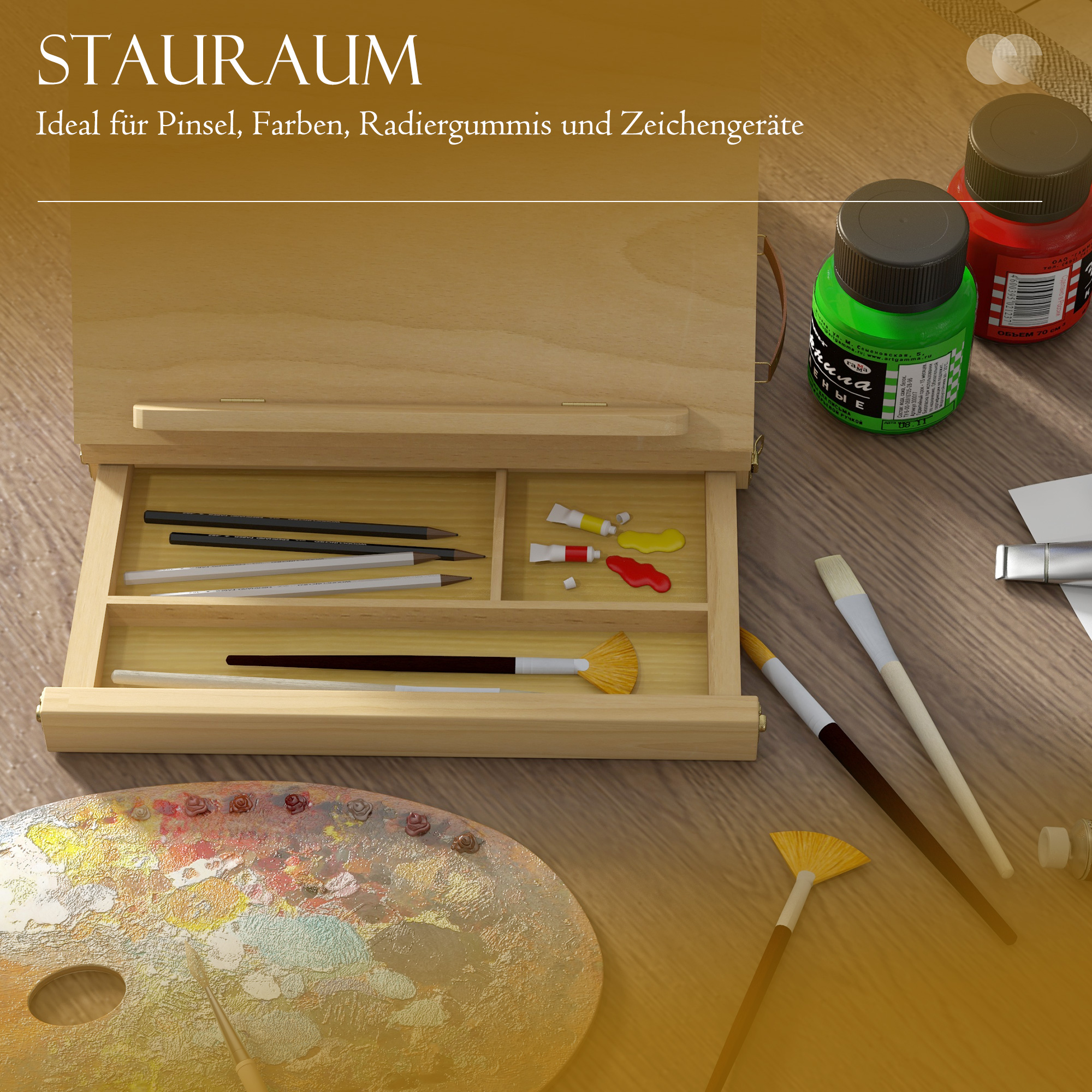 Tischstaffelei, kleine Staffelei, 1 Schublade, 3 Fächer, Massivholz, Natur_voghion.com