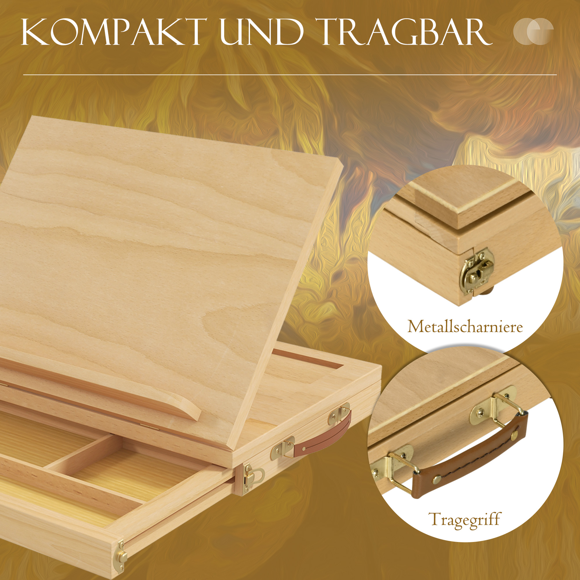 Tischstaffelei, kleine Staffelei, 1 Schublade, 3 Fächer, Massivholz, Natur_voghion.com