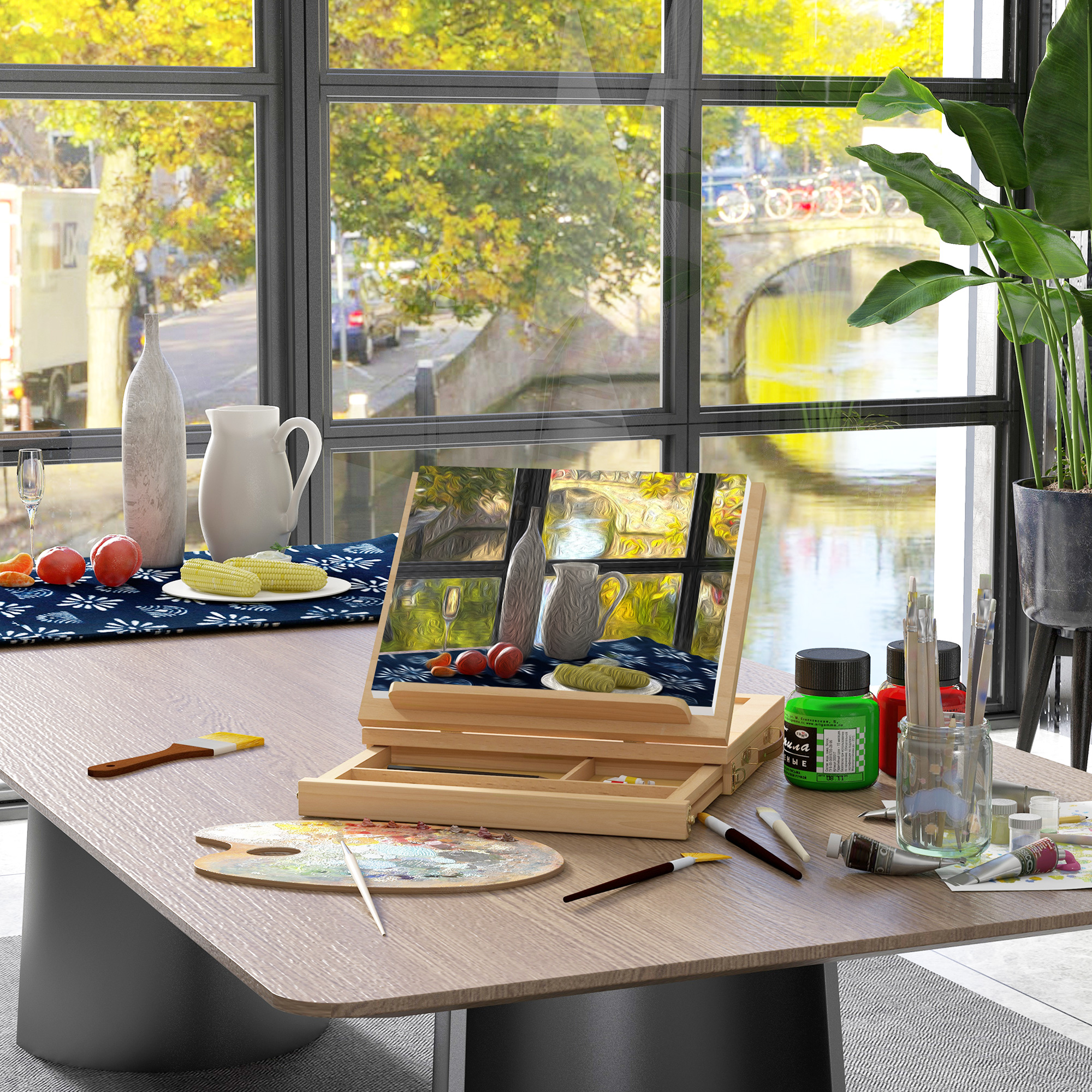 Tischstaffelei, kleine Staffelei, 1 Schublade, 3 Fächer, Massivholz, Natur_voghion.com